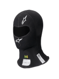 Alpinestars ZX Balaclava Evo V2 FIA/SFI, Schwarze Rennsport-Sturmhaube, einzelne Augenöffnung mit weißen Logos, sichtbare FIA- und SFI-Zertifizierungsetiketten am Hals, flammhemmendes technisches Gewebe für den professionellen Motorsport