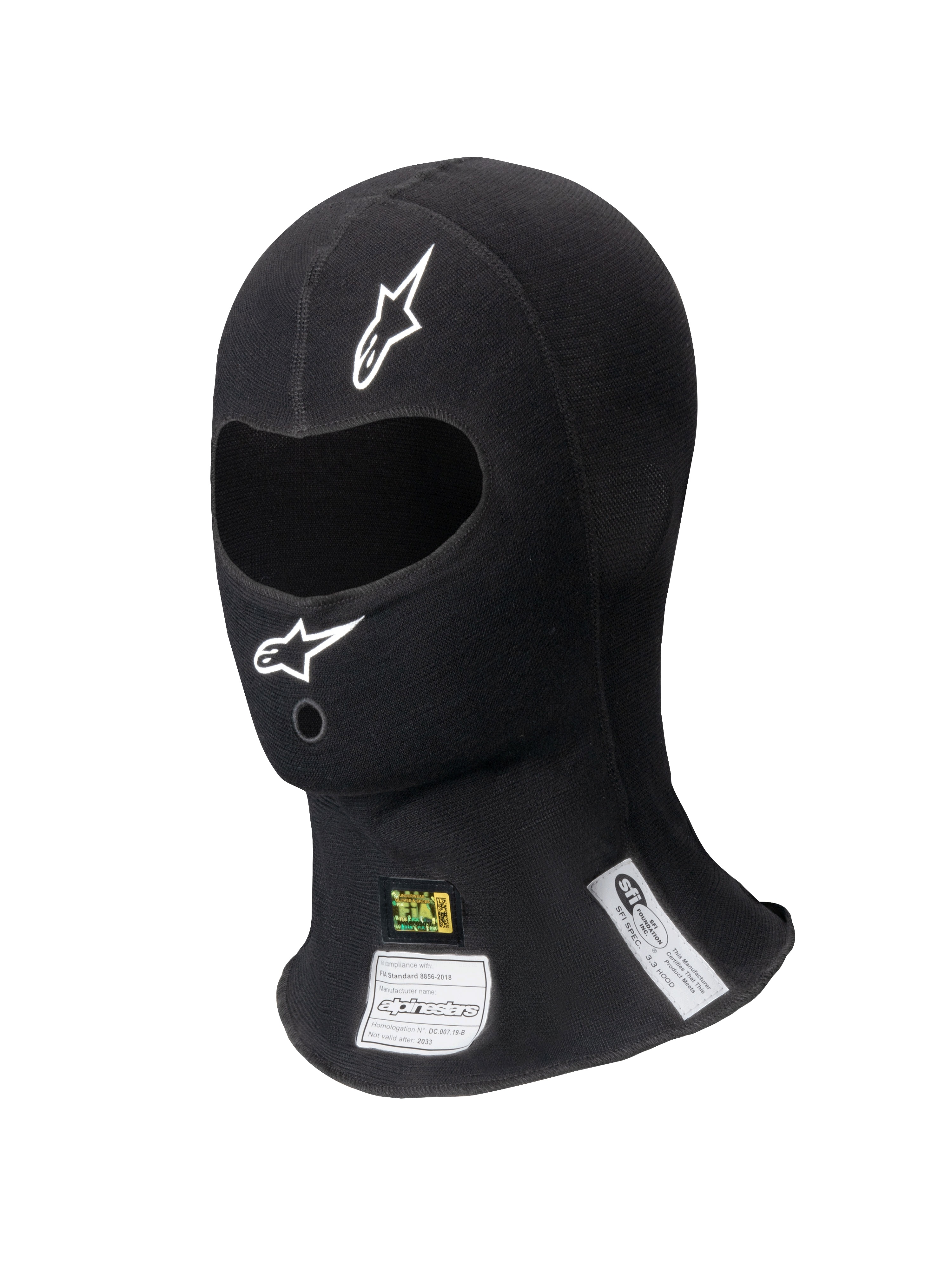 Alpinestars ZX Balaclava Evo V2 FIA/SFI, Schwarze Rennsport-Sturmhaube, einzelne Augenöffnung mit weißen Logos, sichtbare FIA- und SFI-Zertifizierungsetiketten am Hals, flammhemmendes technisches Gewebe für den professionellen Motorsport