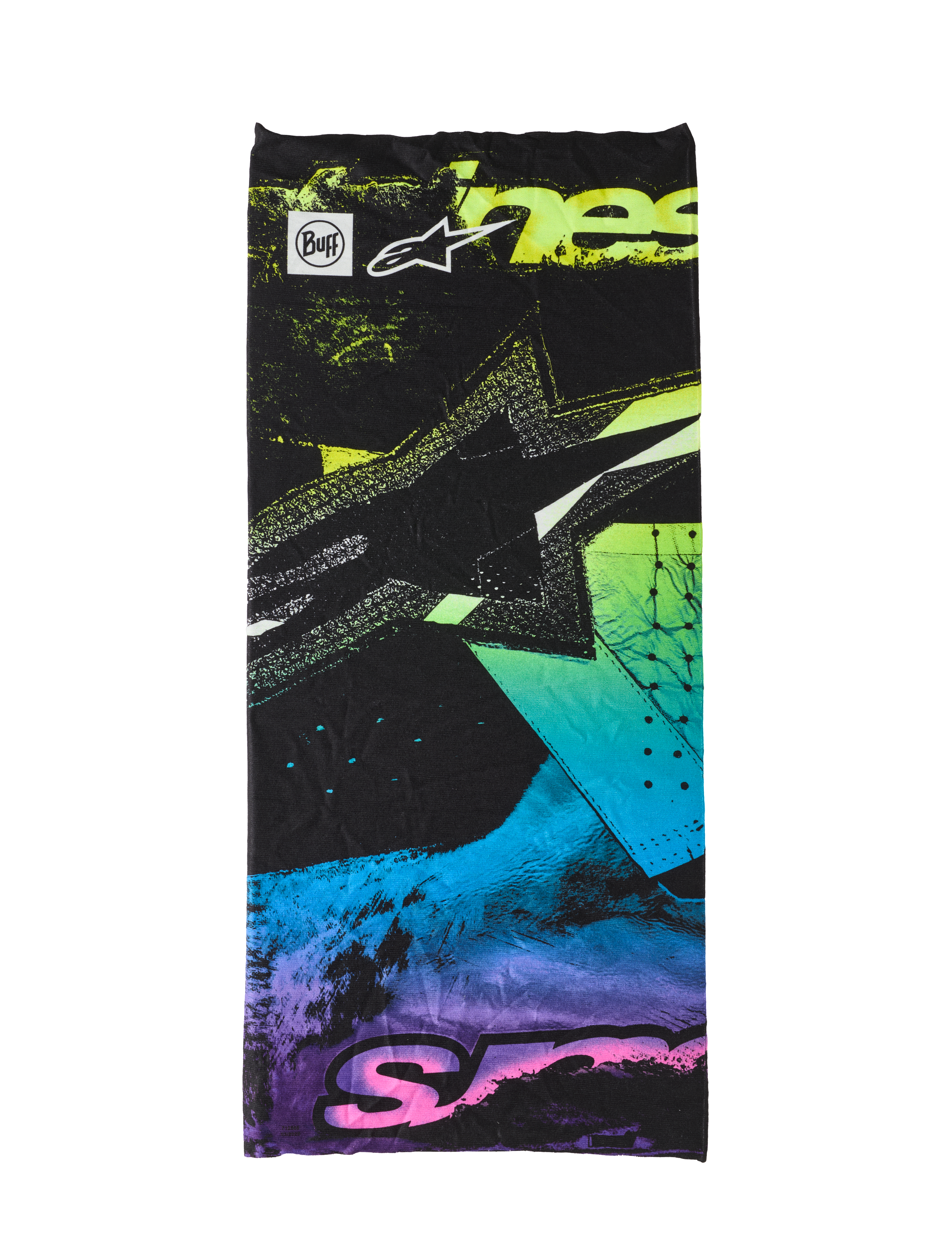Alpinestars Buff Ignite Neck Tube, black with fluorescent pink, yellow, blue, and purple abstract graphics, featuring the Alpinestars star logo and Buff branding, seamless lightweight neck gaiter for motorcycle riding