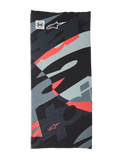 Buff Mogress Neck Tube, multifunctional headwear, Black Camo Red Fluo, abstract pattern in black, gray, and fluorescent red, lightweight seamless fabric featuring Buff and Alpinestars star logos