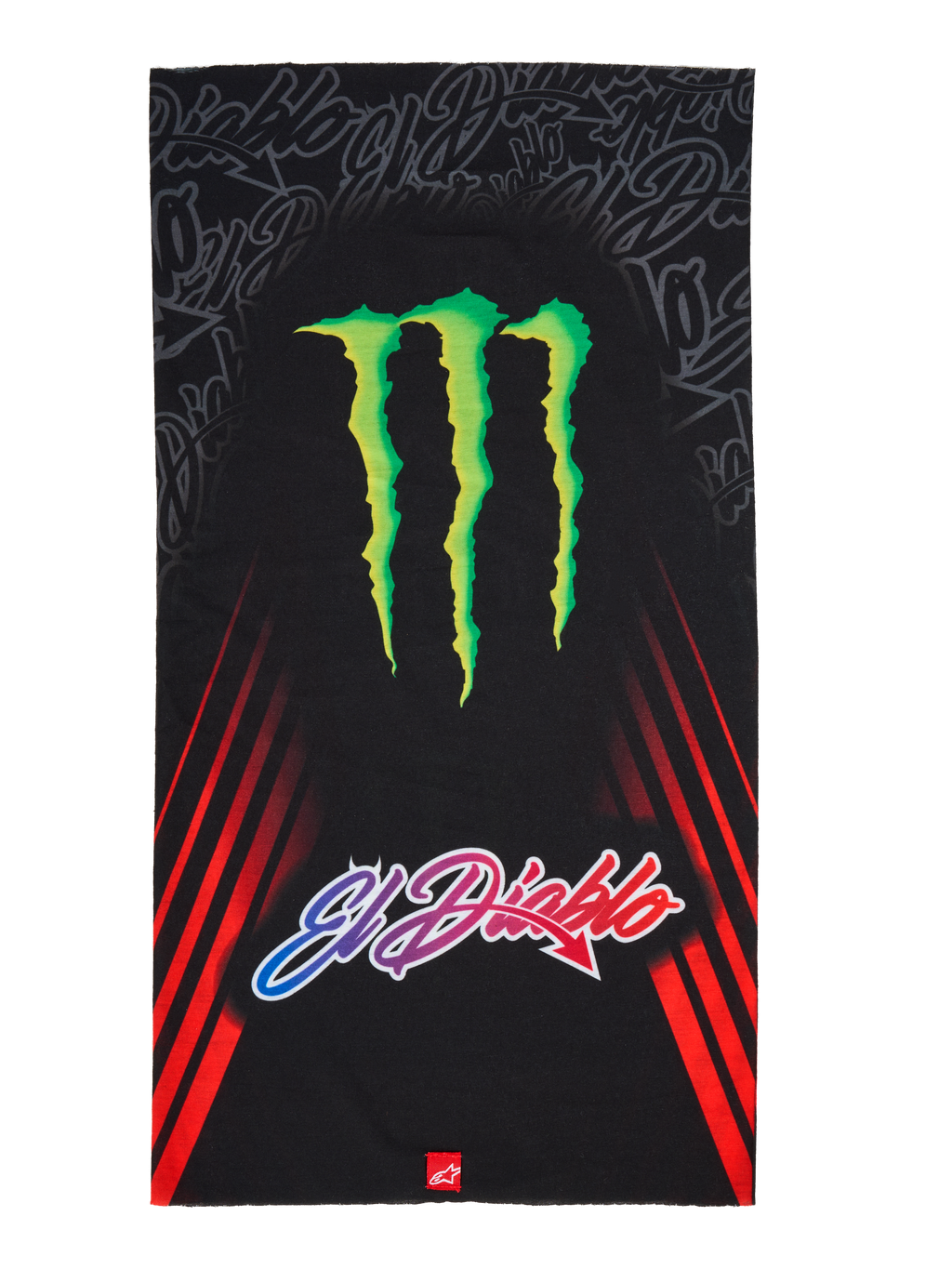 Alpinestars FQ20 Neck Tube Monster, Motorrad-Nackenschlauch, Schwarz mit großem grünen Monster Energy Krallen-Logo und „El Diablo“-Schriftzug mit Farbverlauf, roten diagonalen Rennstreifen an den Seiten, leichtes Textil-Accessoire für Fahrten im Frühling und Sommer