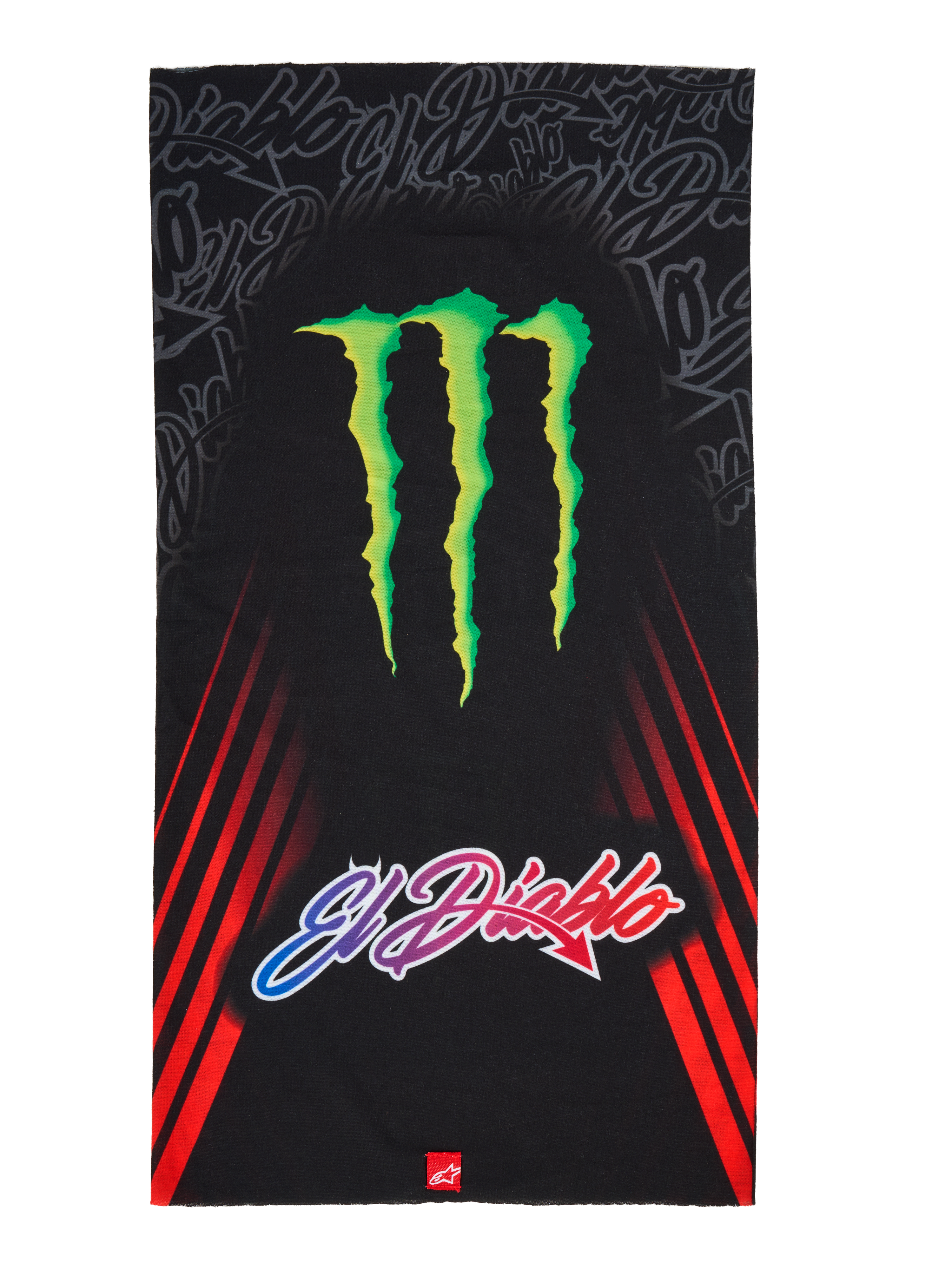 Alpinestars FQ20 Neck Tube Monster, Motorrad-Nackenschlauch, Schwarz mit großem grünen Monster Energy Krallen-Logo und „El Diablo“-Schriftzug mit Farbverlauf, roten diagonalen Rennstreifen an den Seiten, leichtes Textil-Accessoire für Fahrten im Frühling und Sommer