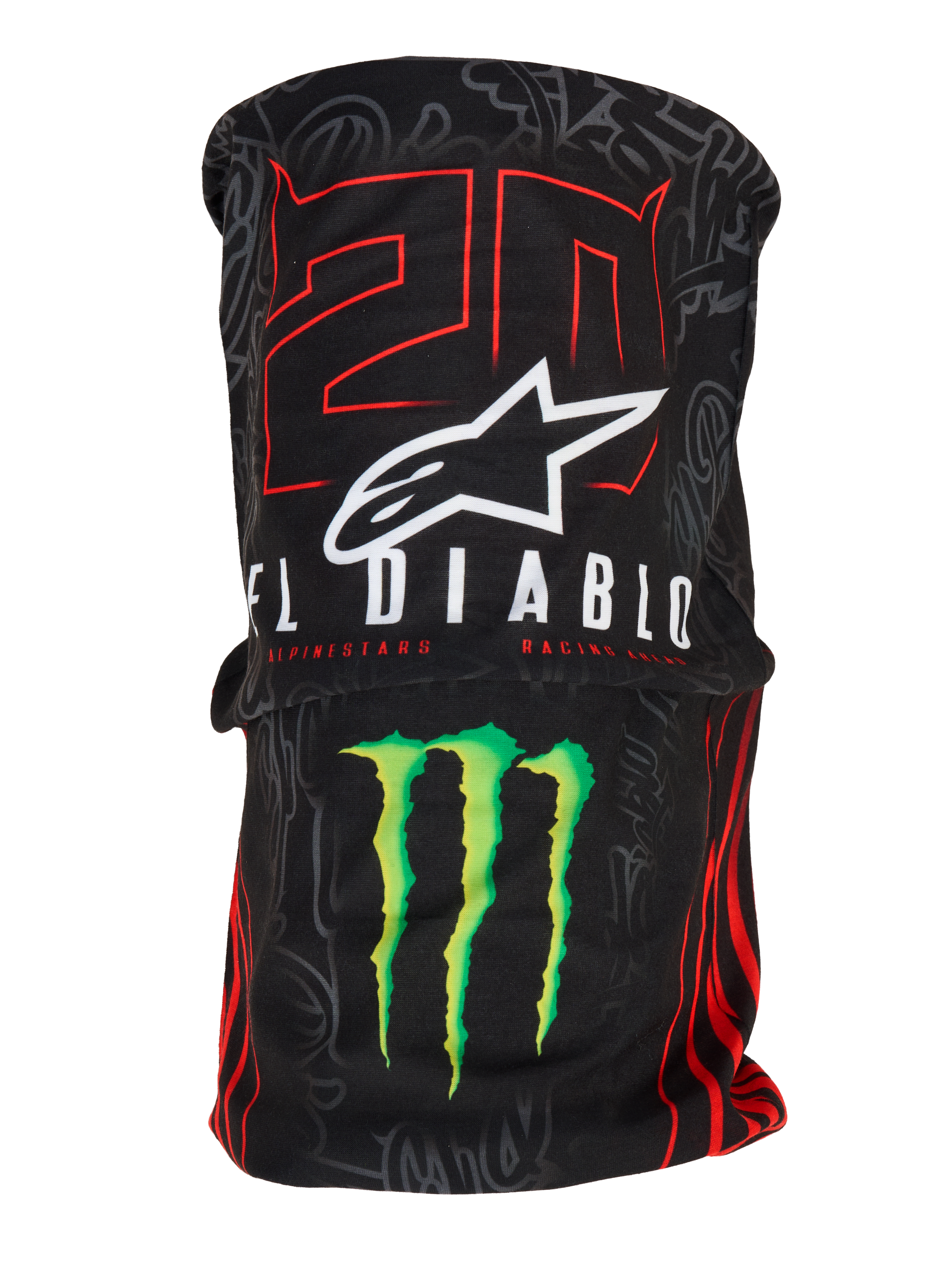 Alpinestars FQ20 Neck Tube Monster, leichter Motorrad-Nackenschlauch, Schwarz mit roter „20“ und weißer „El Diablo“-Grafik, weißes Alpinestars-Logo und grüne Monster Energy-Kralle, vom Rennsport inspiriertes Accessoire mit seidiger Textiltextur