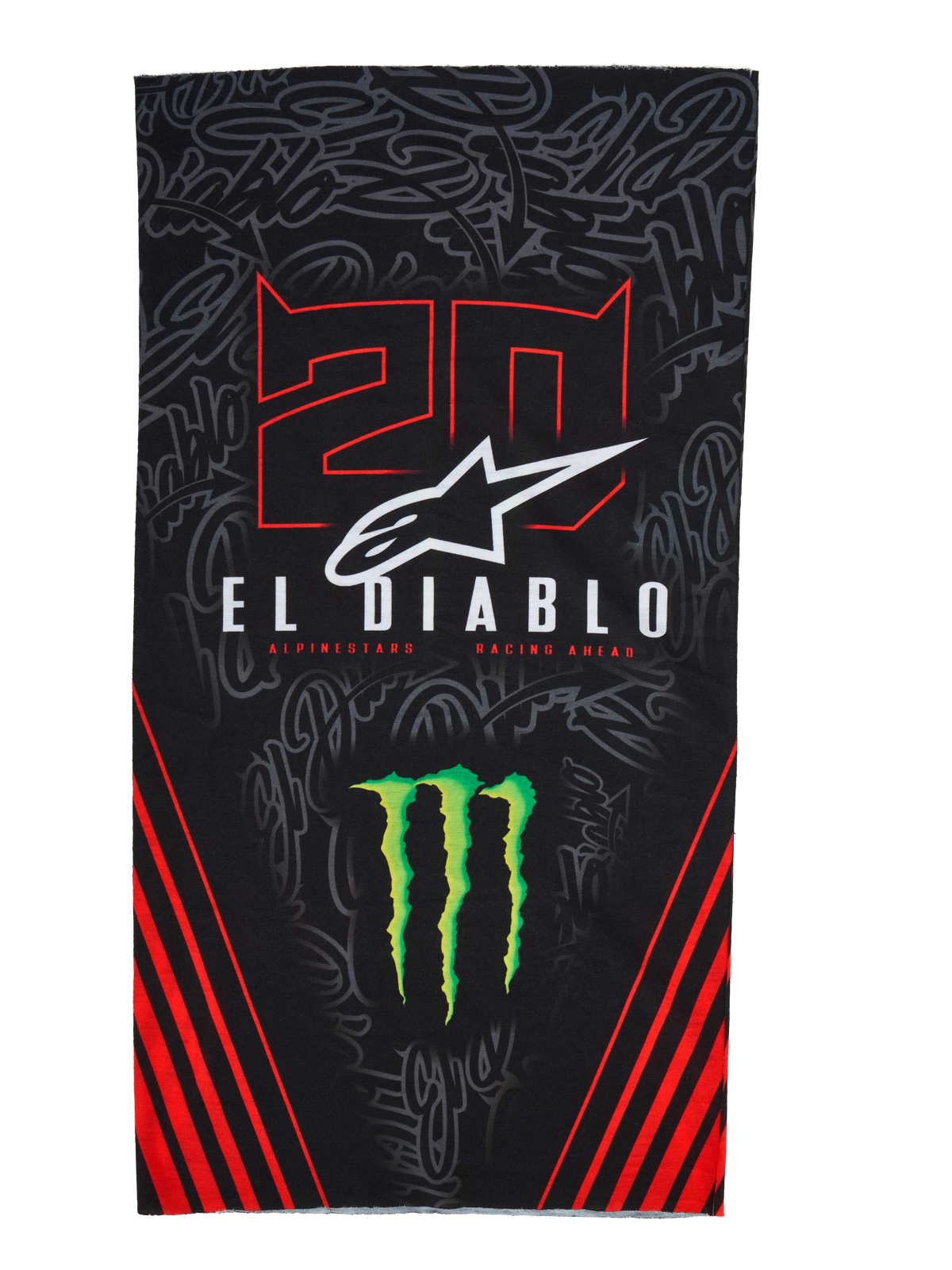 Alpinestars FQ20 Neck Tube Monster, leichter Motorrad-Nackenschlauch, Schwarz mit roten und grünen Akzenten, mit „20“- und „EL DIABLO“-Grafiken, Monster Energy Krallen-Logo, weißem Alpinestars-Logo und roten diagonalen Streifen auf einem tonalen Graffiti-Hintergrund