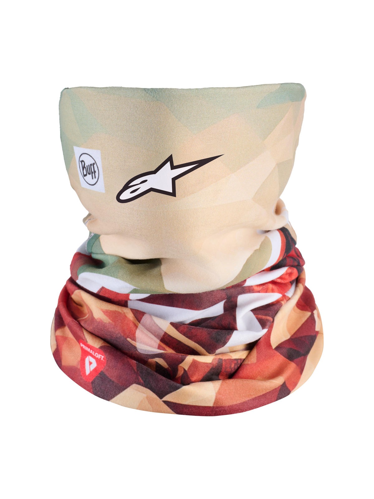 Alpinestars Buff Peaks PrimaLoft Neck Tube, Earth Brown and Red, cold-weather motorcycle neck gaiter featuring PrimaLoft insulation and seamless 4-way stretch construction