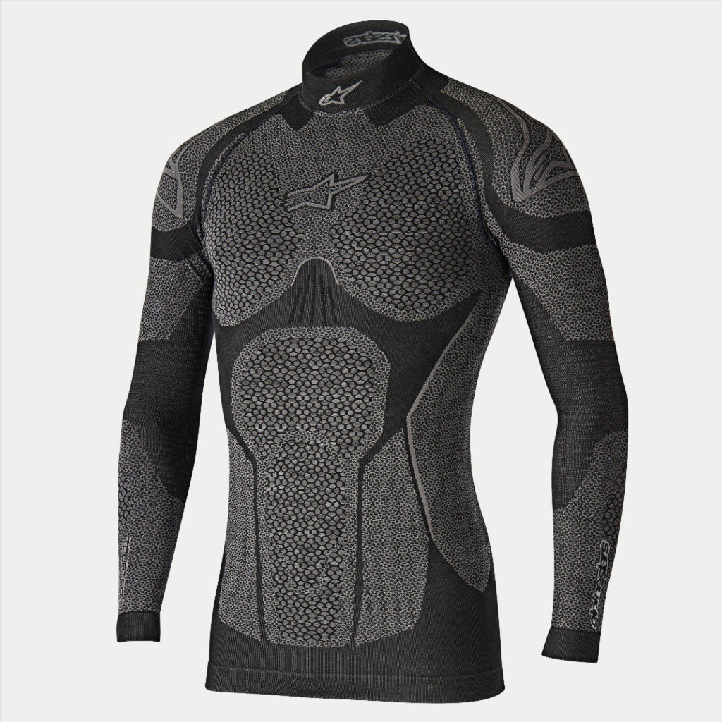 Alpinestars Ride Tech Top Langarm Winter, Motorrad-Funktionsunterwäsche, Schwarz und Grau, technisches Langarmoberteil mit wabenförmig strukturierten Einsätzen mit dualer Dichte, Kompressionspassform, Stehkragen mit weißem Alpinestars-Logo, Performance-Thermo-Unterwäsche für kaltes Wetter