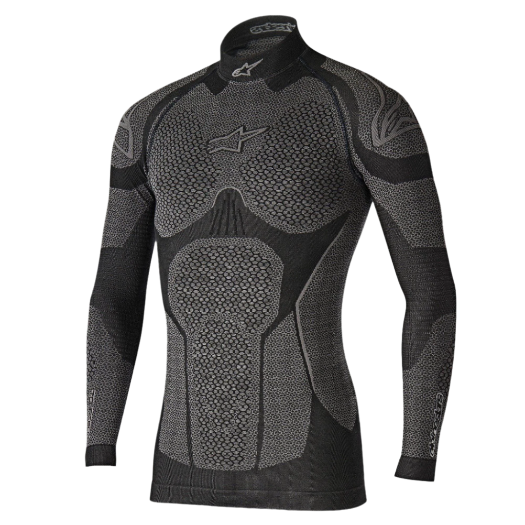 Alpinestars Ride Tech Top Langarm Winter, technisches Funktionsunterhemd, Schwarz und Grau, mit wabentexturierten Einsätzen, Stehkragen-Design und Kompressionspassform für das Motorradfahren bei kaltem Wetter