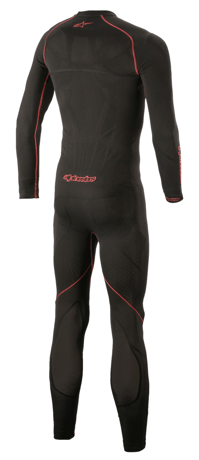 Introducing the Alpinestars EU Ride Tech Lite 1-Piece Undersuit in Black/Red, a full-body racing suit perfect for motorsports and designed specifically for warm weather riding. This suit boasts a sleek, aerodynamic design with striking red accents along the arms, legs, and torso. Its textured fabric provides enhanced grip and flexibility, while the brand logo is prominently displayed on both the chest and sleeves.