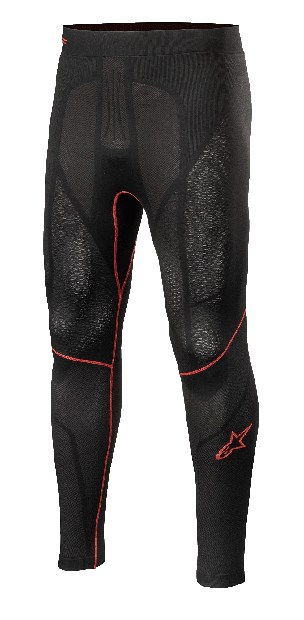 Alpinestars Ride Tech V2 Bottom Summer, Motorrad-Base-Layer-Hose, Schwarz mit roten Akzenten, strukturierte Mesh-Einsätze, rotes Stern-Logo am Bein, atmungsaktive Kompressions-Performance-Schicht
