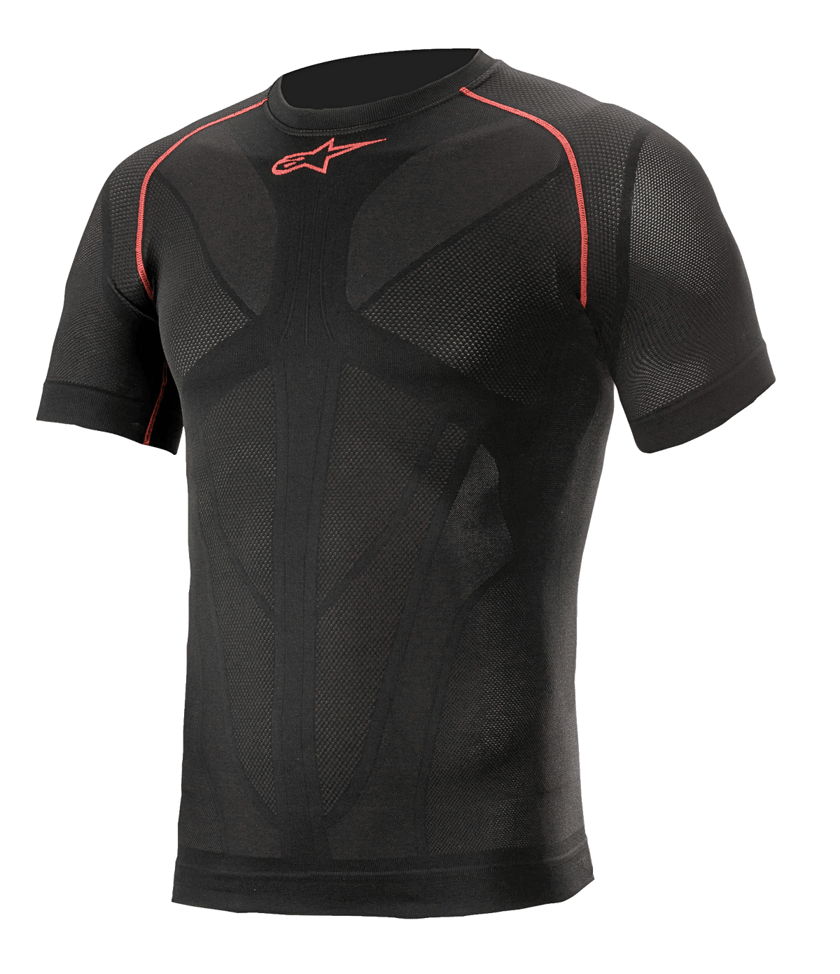 Alpinestars Ride Tech V2 Top Short Sleeve Summer, Black with Red accents, short sleeve motorcycle base layer, compression fit with body-mapped mesh ventilation panels, technical performance wear for summer road and track riding