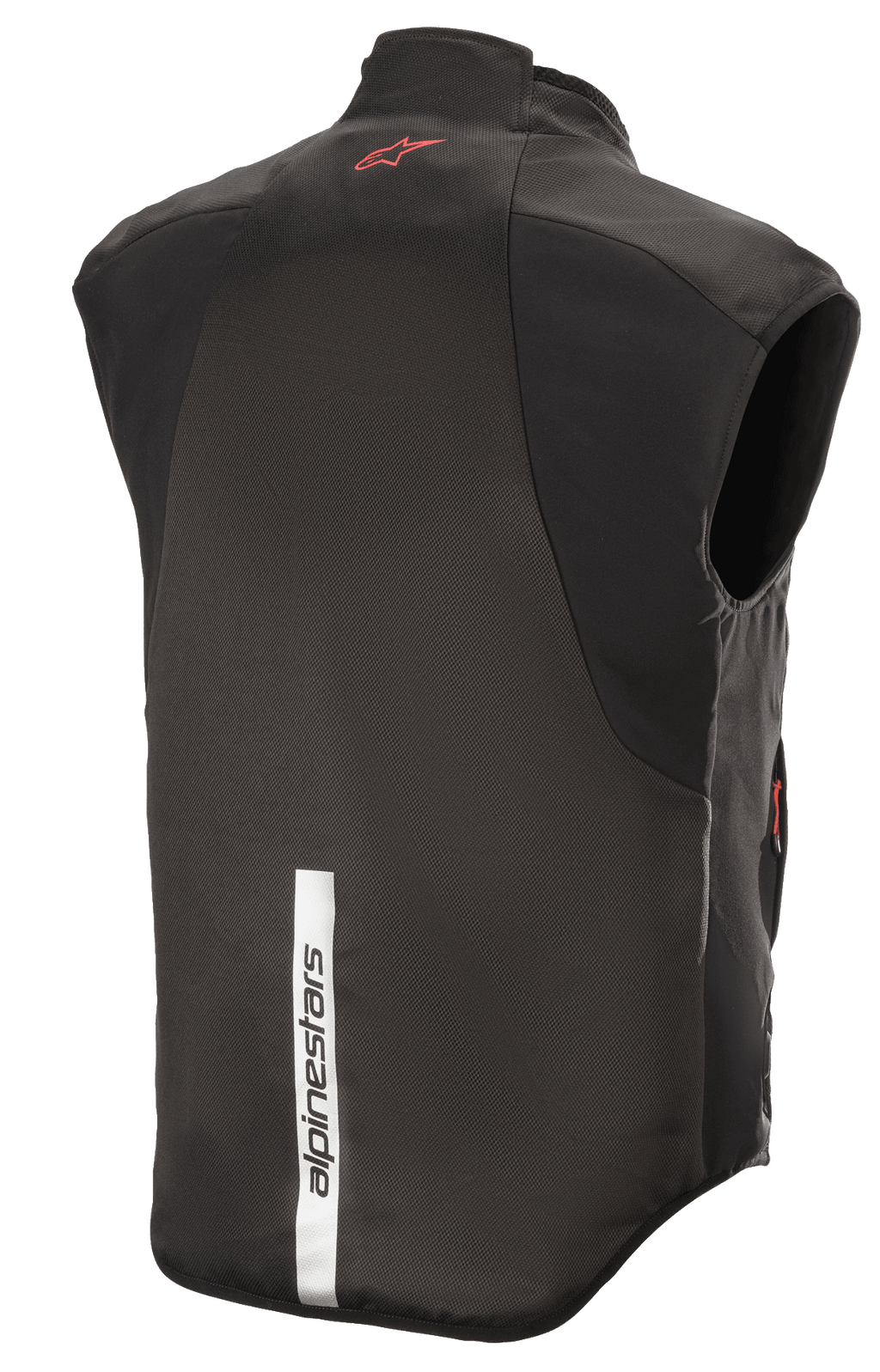 Alpinestars HT Heat Tech Weste, Schwarz, Rückansicht mit einem roten Astars-Logo auf dem oberen Rücken und einem vertikalen reflektierenden weißen Streifen mit Alpinestars-Schriftzug auf dem unteren Rücken, beheizbarer Motorrad-Base-Layer