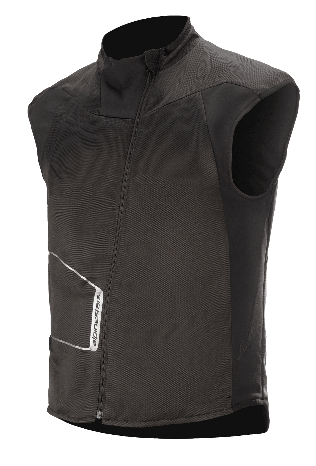 Alpinestars HT Heat Tech Weste, schwarze ärmellose beheizbare Motorrad-Basisschicht, hoher Kragen mit asymmetrischem, schrägem Frontreißverschluss, technische Textilkonstruktion mit weißem Alpinestars-Logo, Thermo-Unterschicht für Winter-Abenteuer und Straßentouren