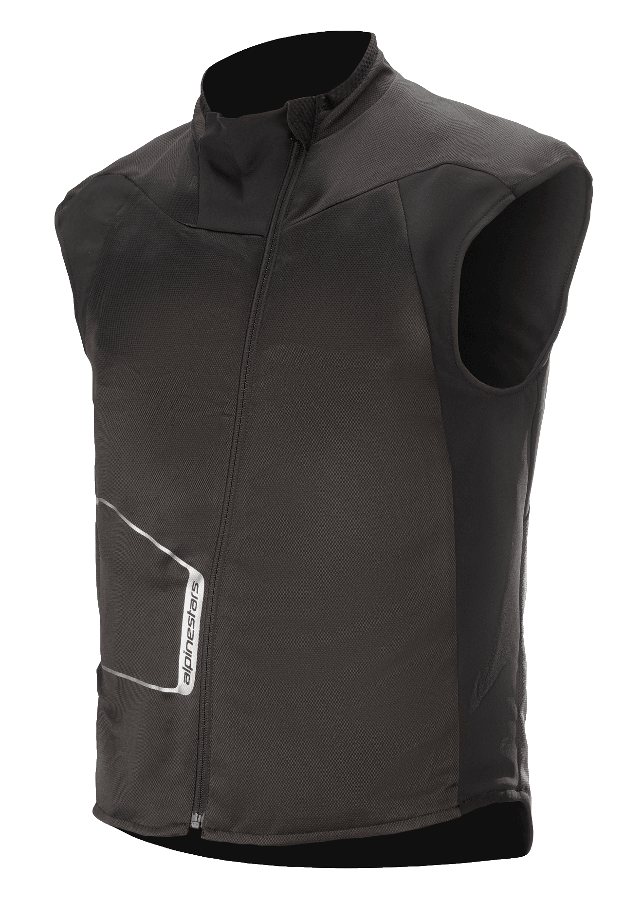 Alpinestars HT Heat Tech Weste, schwarze ärmellose beheizbare Motorrad-Basisschicht, hoher Kragen mit asymmetrischem, schrägem Frontreißverschluss, technische Textilkonstruktion mit weißem Alpinestars-Logo, Thermo-Unterschicht für Winter-Abenteuer und Straßentouren