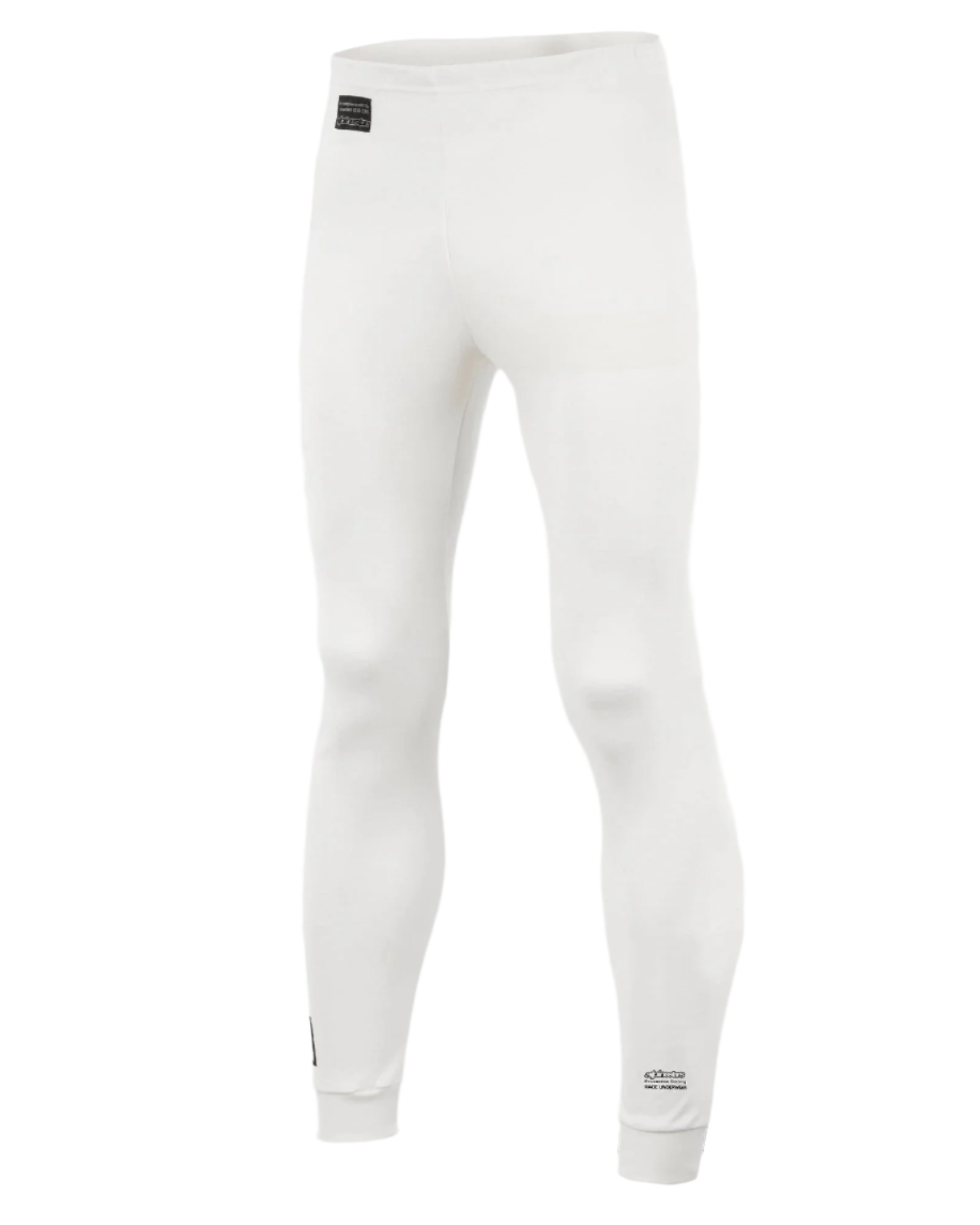 Alpinestars Race Bottom FIA, Auto-Rennsport-Basisschicht-Hose, Weiß mit schwarzen Logo-Aufnähern, leichtes und flammhemmendes Textil, konzipiert für das Tragen unter einem Rennanzug