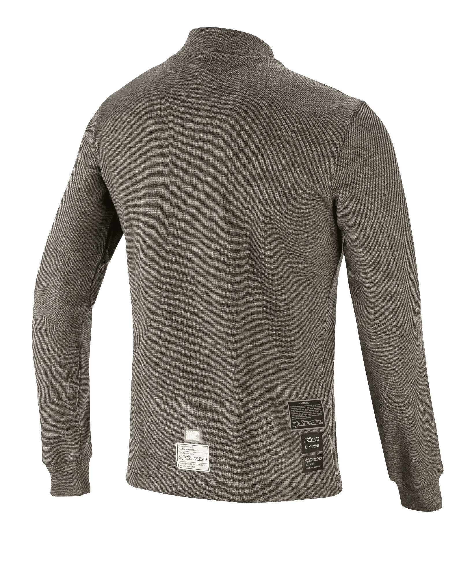Alpinestars Race V3 Long Sleeve Top, tech base layer, Anthracite Melange gray, back view showing textured flame-resistant fabric and FIA certification labels on the lower hem, motorsport performance gear