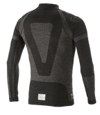 Alpinestars ZX Evo V2 Langarm-Oberteil, Auto-Rennsport-Base-Layer, Schwarz und Grau, Rückansicht mit technischem Jacquard-Design, nahtloser röhrenförmiger Konstruktion und FIA/SFI-Zertifizierungsetikett am Saum