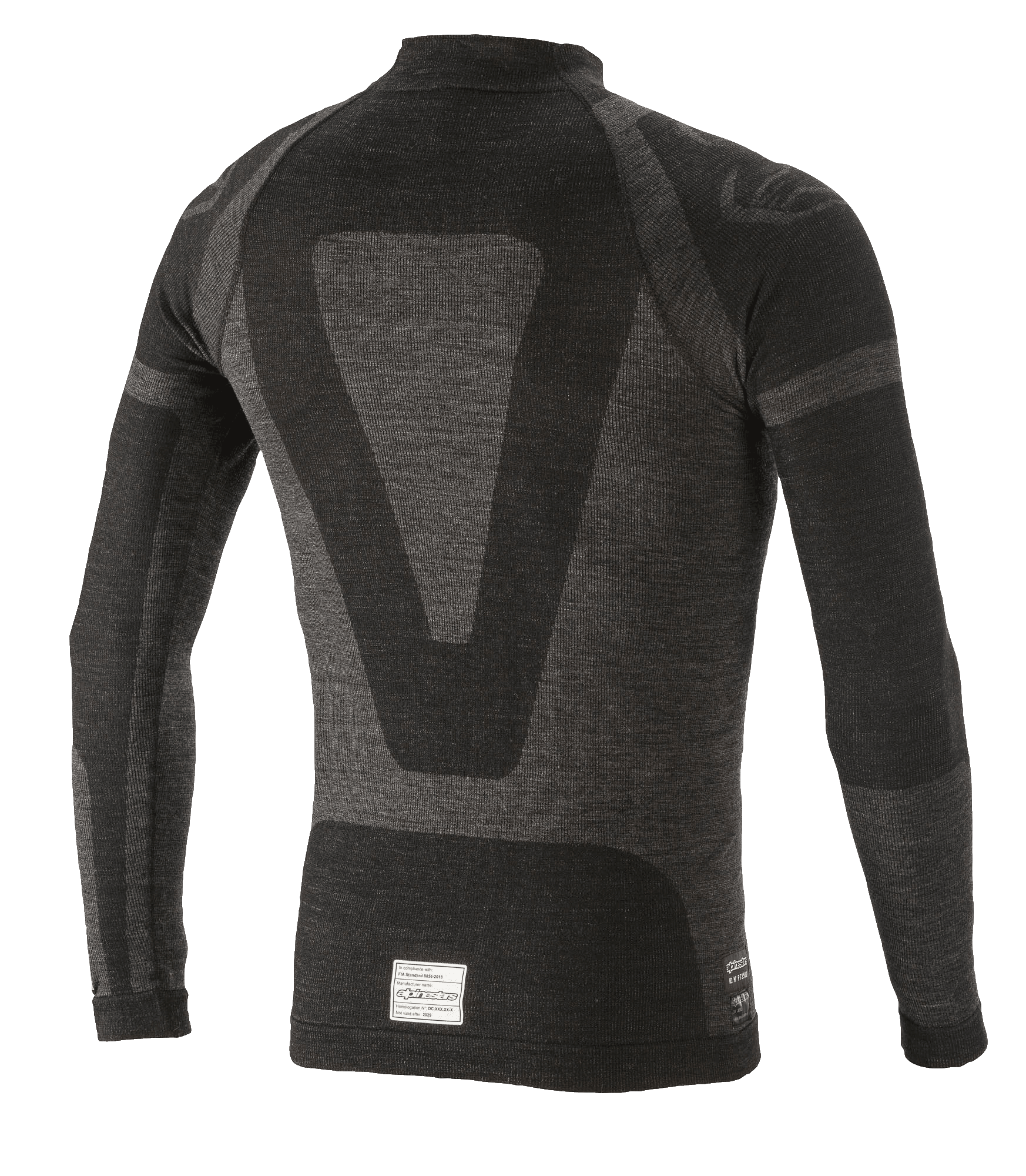 Alpinestars ZX Evo V2 Langarm-Oberteil, Auto-Rennsport-Base-Layer, Schwarz und Grau, Rückansicht mit technischem Jacquard-Design, nahtloser röhrenförmiger Konstruktion und FIA/SFI-Zertifizierungsetikett am Saum