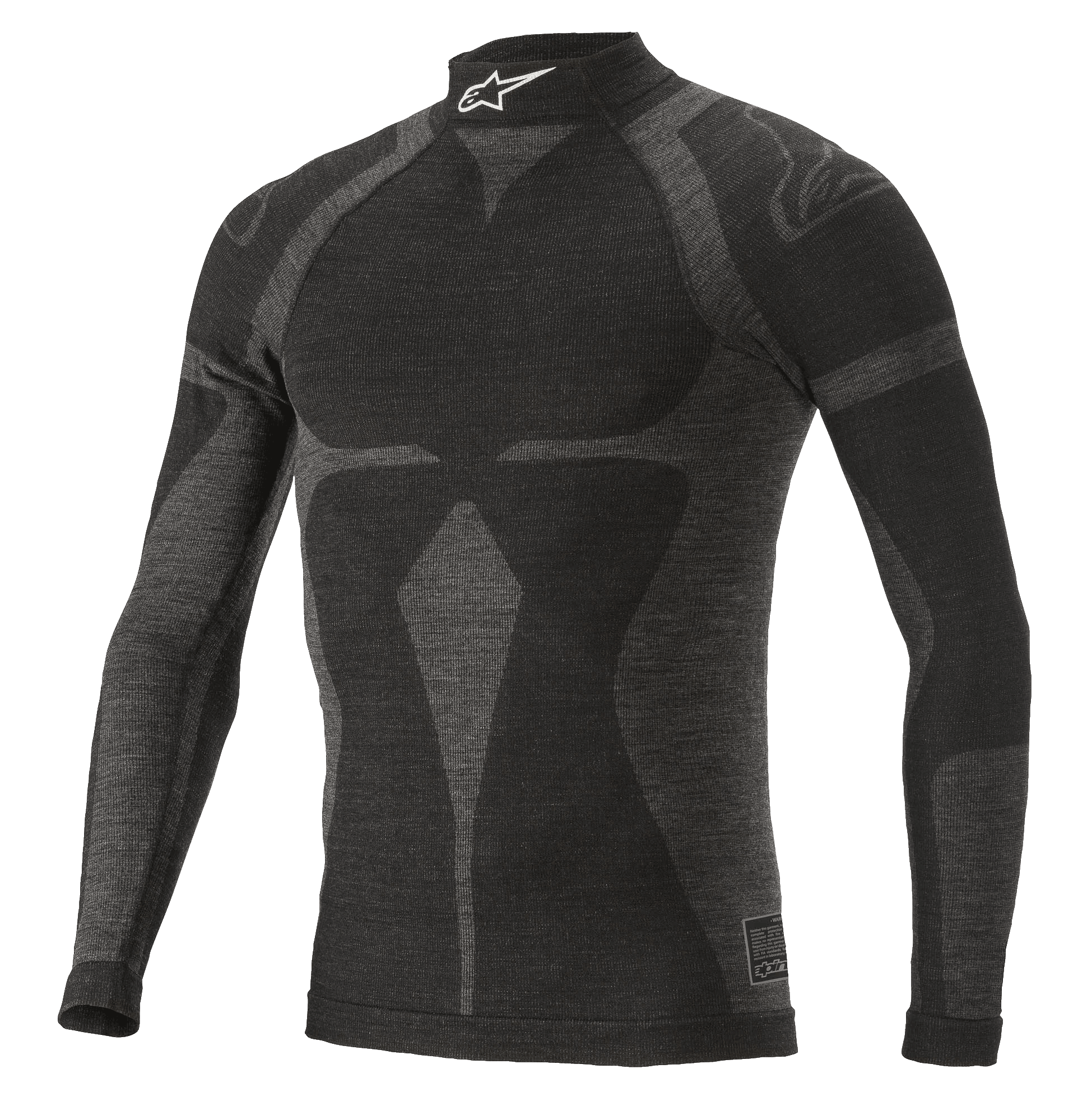 Alpinestars ZX Evo V2 Langarm-Oberteil, Auto-Rennsport-Base-Layer, Schwarz und Grau, hoher Kragen mit weißem Logo, Jacquard-Motivmuster, eng anliegende technische Bekleidung mit leichter Strickstruktur