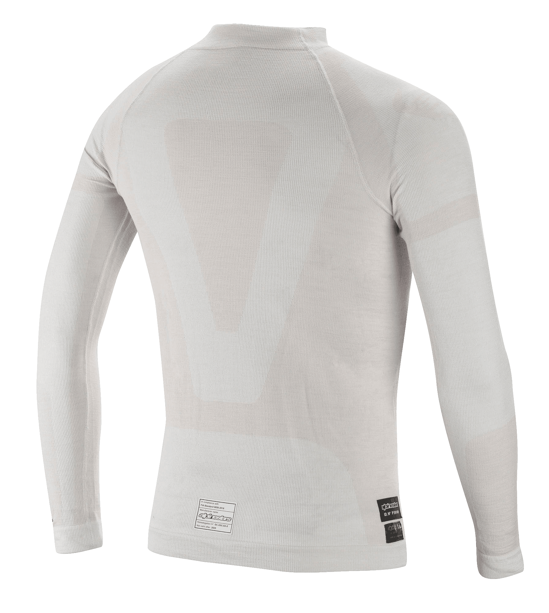 Alpinestars ZX Evo V2 Langarm-Oberteil, Auto-Rennsport-Unterwäsche, Weiß-Grau, Rückansicht mit leichter nahtloser röhrenförmiger Konstruktion und FIA-Zertifizierungsetiketten am unteren Saum