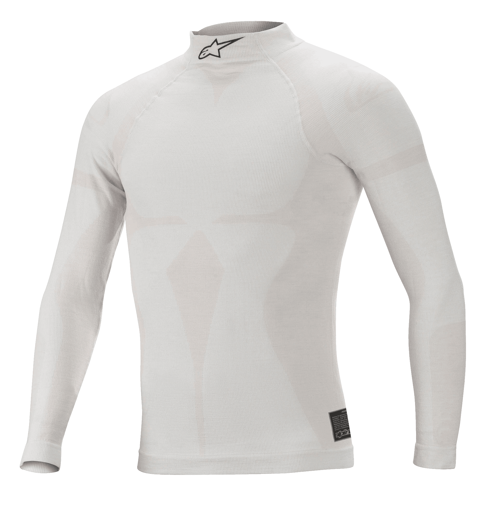 Alpinestars ZX Evo V2 Langarm-Oberteil, Weiß-Grau, feuerbeständige Auto-Rennsport-Basisschicht, Hochkragen mit schwarzem Astars-Logo, nahtlose Konstruktion mit Jacquard-Motiv, leichte und enganliegende Performance-Unterwäsche