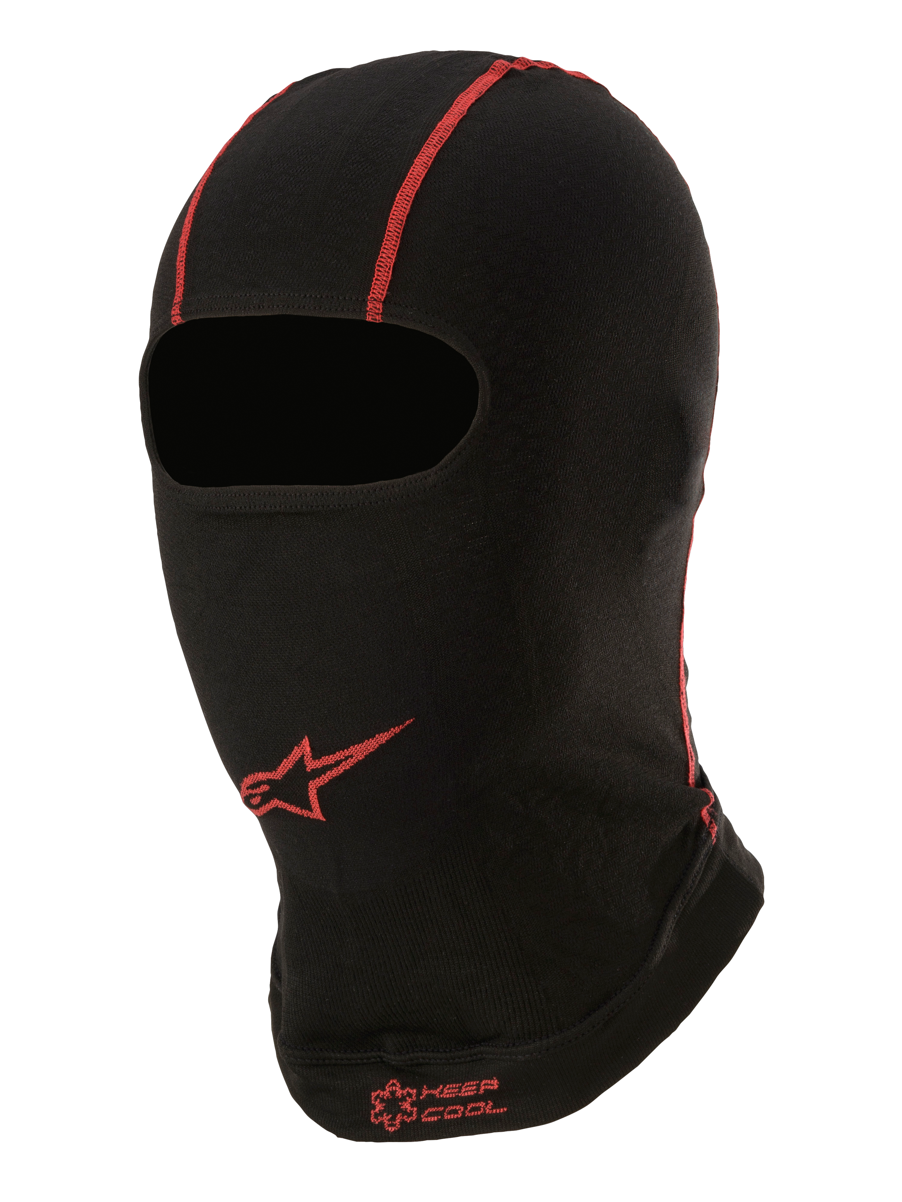 Alpinestars KX V2 Balaclava, Sommer-Unterhelm-Basisschicht, Schwarz mit roten Nähten, rotes Alpinestars Stern-Logo und „KEEP COOL“ Schriftzug, dünnes atmungsaktives Gewebe für Kart- und Motorsport