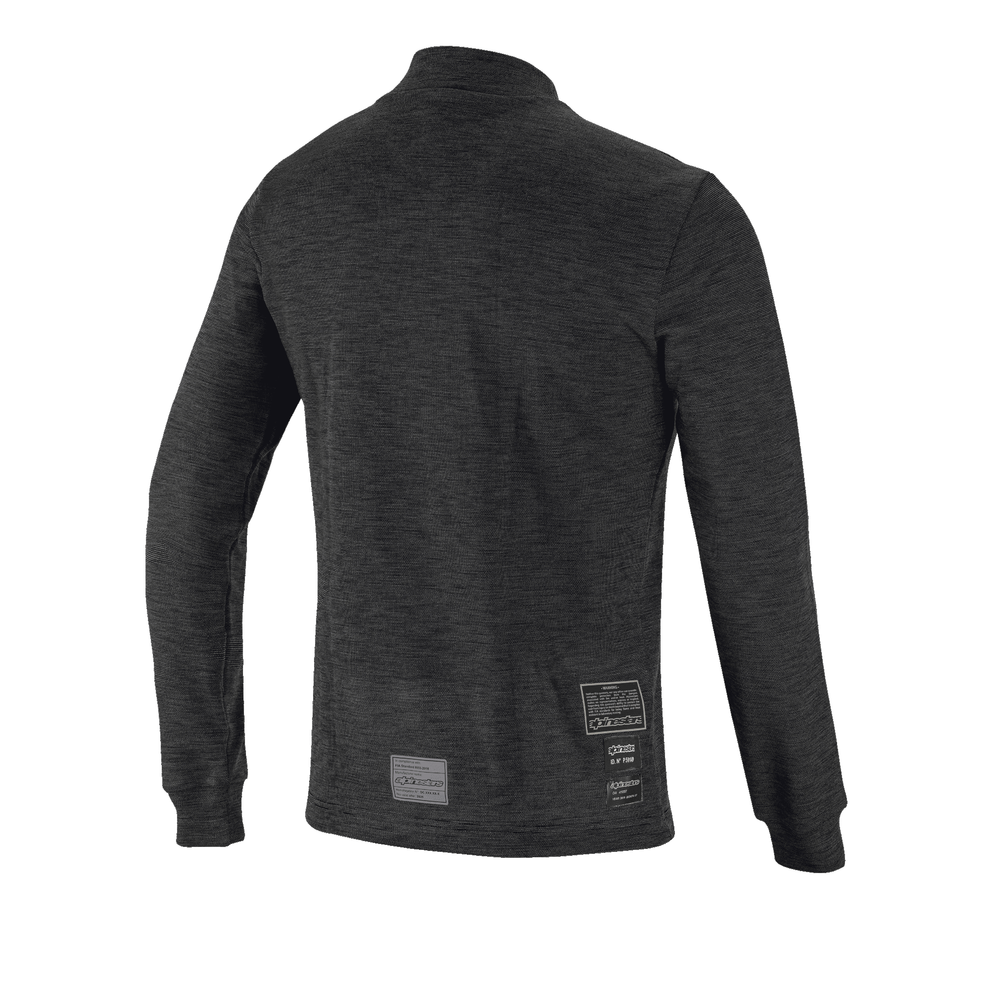 Alpinestars Race V3 Langarm-Oberteil, Rückansicht, schwarze feuerfeste Funktionswäsche, strukturiertes Strickdesign, lange Ärmel mit Rippbündchen, FIA-Homologationsetiketten am unteren Rücken