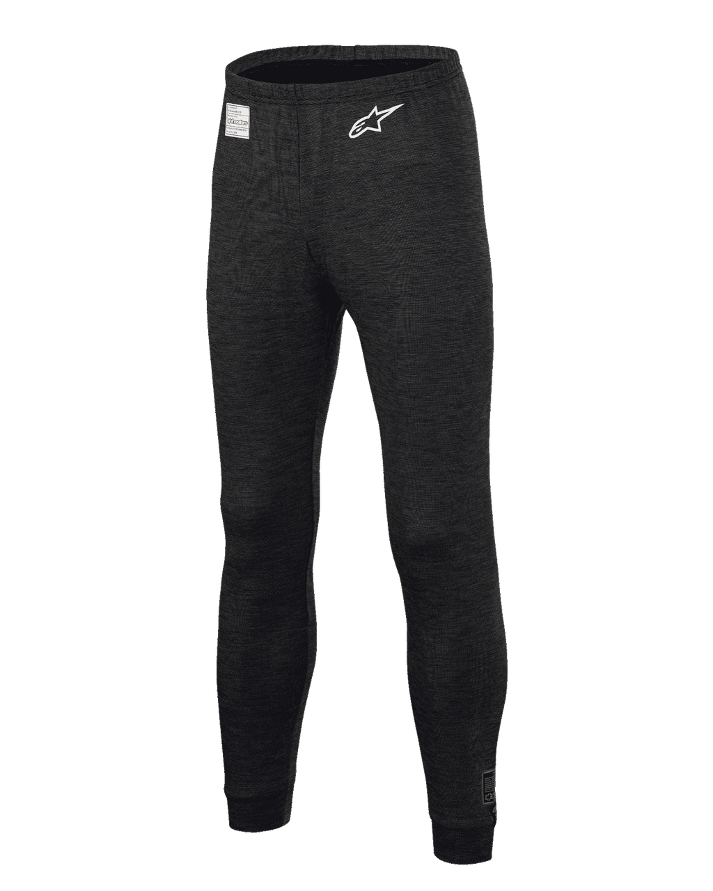 Alpinestars Race V3 Bottom, Auto-Rennsport-Funktionsunterhose, Schwarz, mit flammhemmendem strukturiertem Gewebe, weißem Stern-Logo auf dem Oberschenkel, FIA-Zertifizierungsetikett am Bund, lange technische Funktionsunterwäsche für den professionellen Motorsport