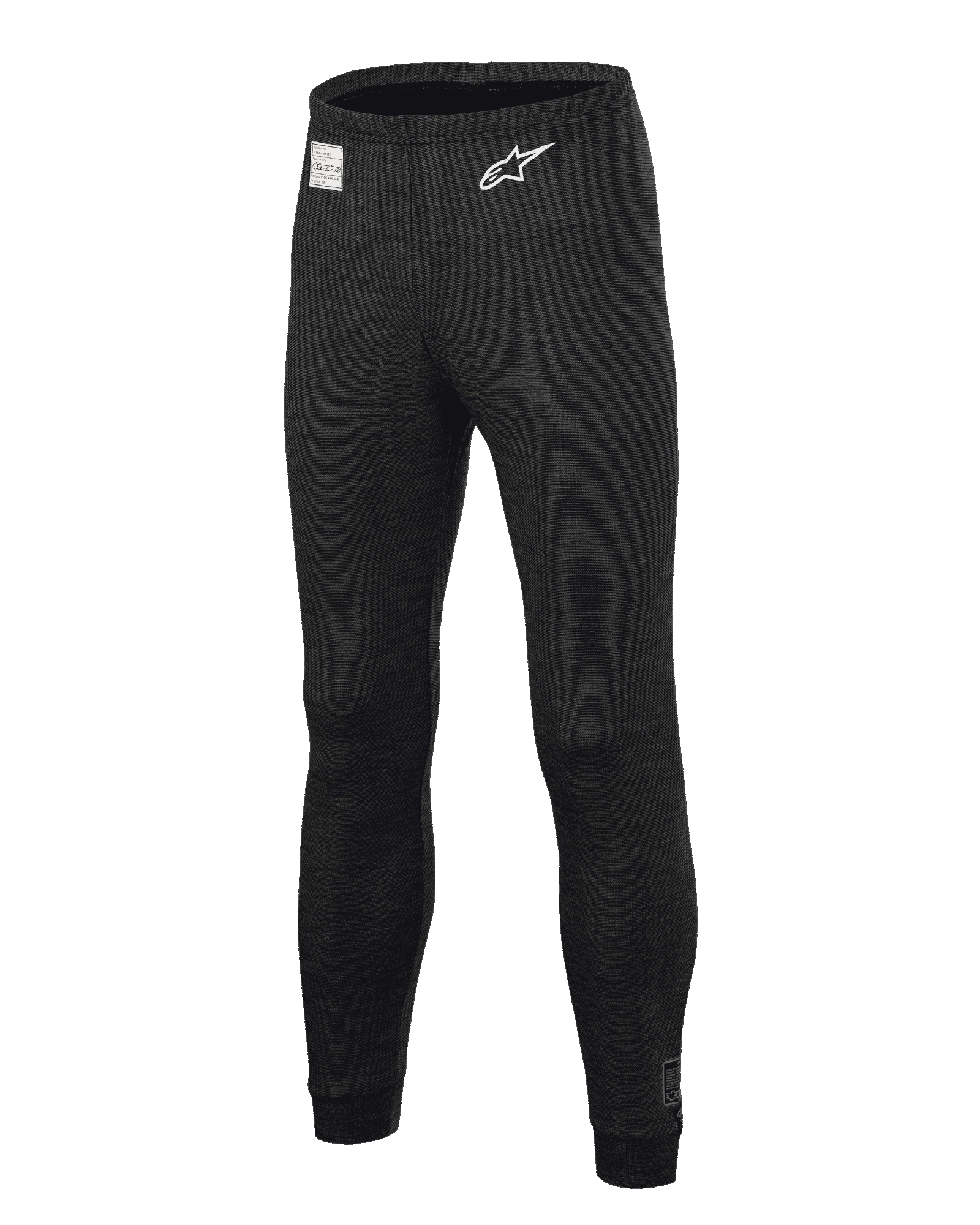 Alpinestars Race V3 Bottom, Auto-Rennsport-Funktionsunterhose, Schwarz, mit flammhemmendem strukturiertem Gewebe, weißem Stern-Logo auf dem Oberschenkel, FIA-Zertifizierungsetikett am Bund, lange technische Funktionsunterwäsche für den professionellen Motorsport