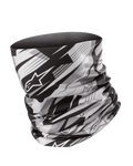 Alpinestars Neck Tube, Motorrad-Halstuch, Schwarz und Grau, verschwommenes geometrisches Muster mit Alpinestars Stern-Logo, leichtes, seidiges Material, nahtloser Base Layer für Windschutz