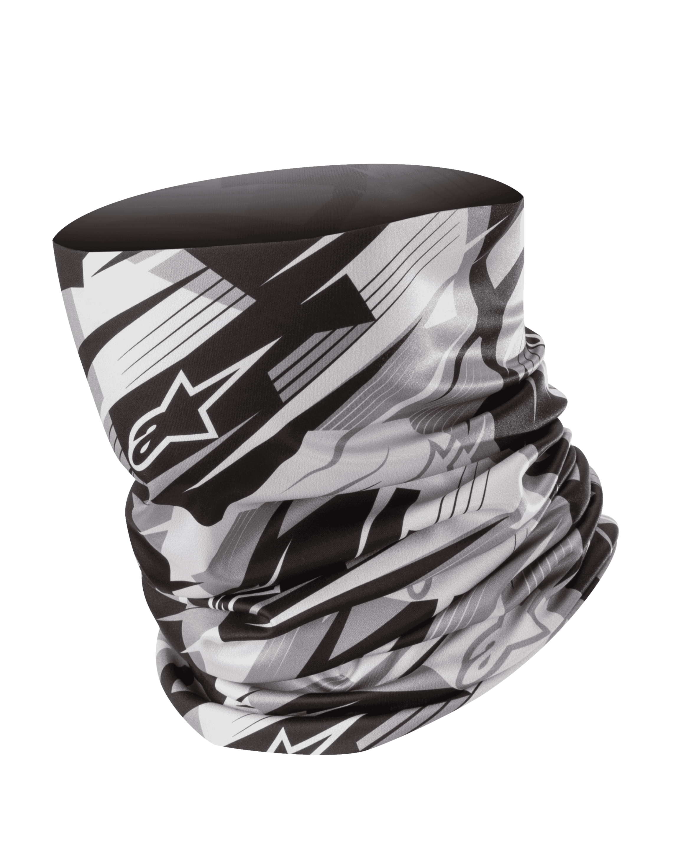 Alpinestars Neck Tube, motorcycle neck gaiter, Black and Gray, blurred geometric pattern with Alpinestars star logo, lightweight silky fabric, seamless base layer for wind protection