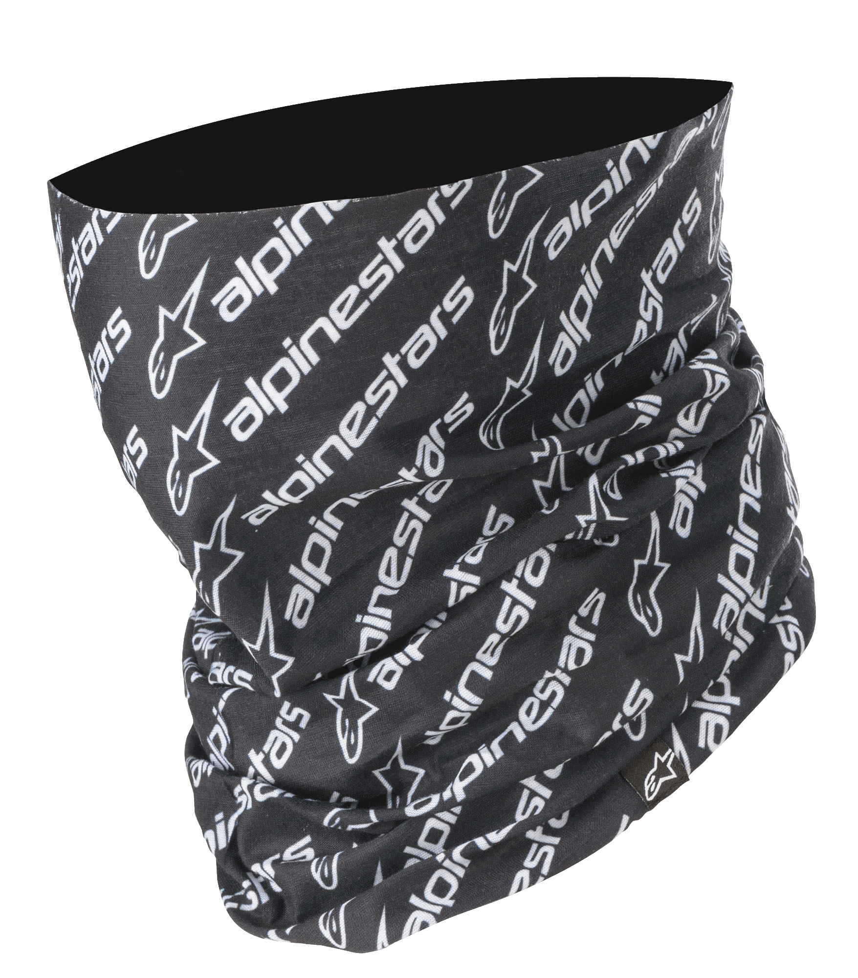 Alpinestars Linear Neck Tube, Motorrad-Halstuch, Schwarz und Weiß, wiederholtes diagonales Alpinestars Logo- und Textmuster, nahtlose Mikrofaser-Konstruktion, leichte Basisschicht für Straßenfahrten