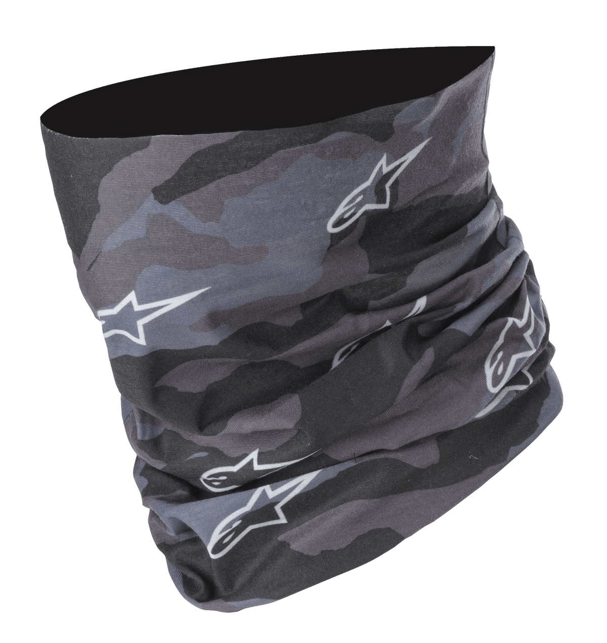 Alpinestars Tactical Neck Tube in Black Tar Gray, digitales Tarnmuster mit weißen Sternlogos, nahtlose Mikrofaser-Konstruktion, vielseitiges Motorrad-Schlauchtuch und Basisschicht-Abdeckung