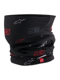 Alpinestars MM93 Neck Tube, motorcycle neck gaiter, Black with red and white Marc Márquez 93 and star logo pattern, lightweight stretchy fabric, featuring a small red Alpinestars brand tag