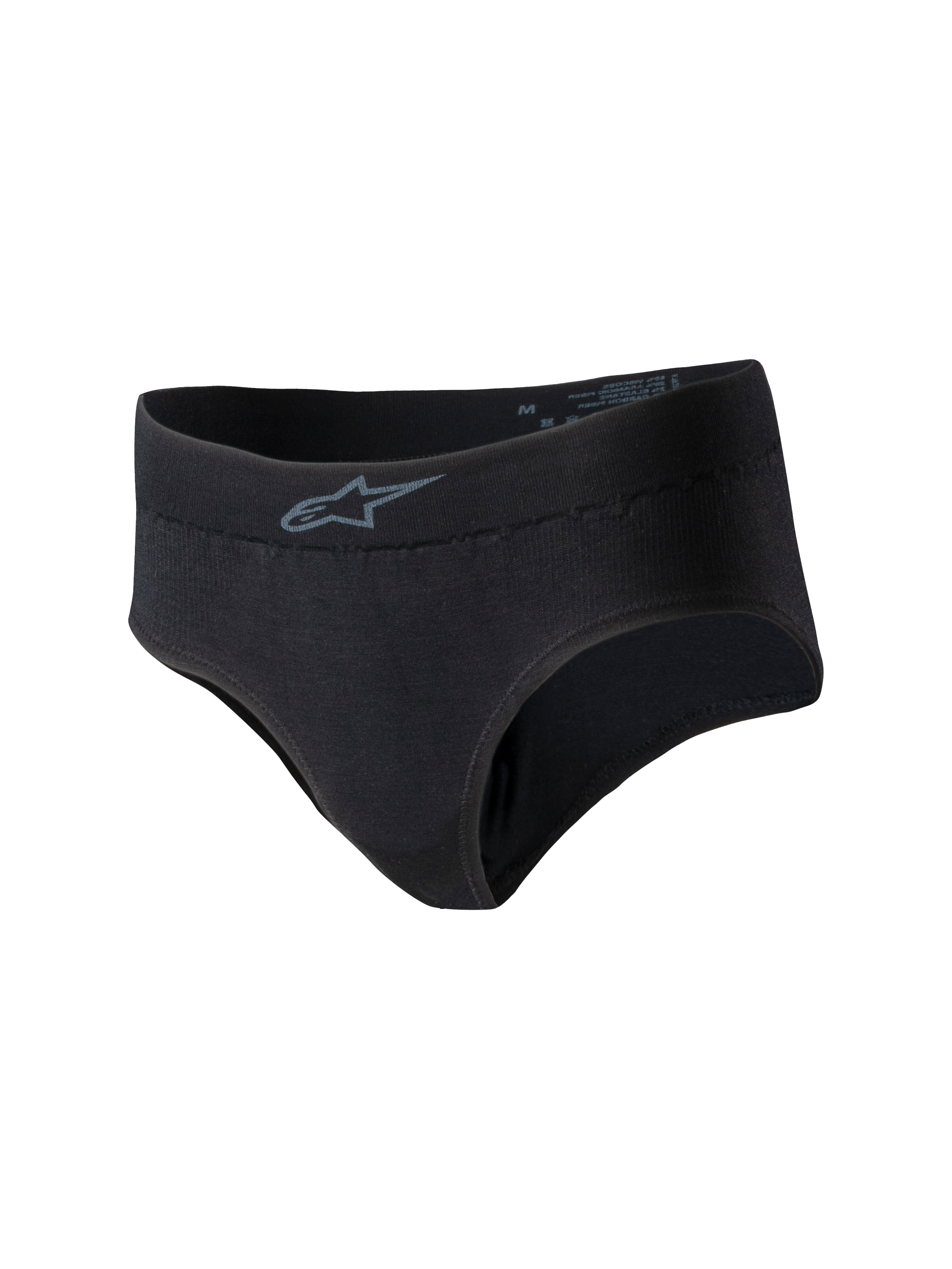 Alpinestars Stella TECH ZX Briefs, Black, Women's flame-resistant racing underwear, features a grey Alpinestars logo on the front waistband, lightweight and thin base layer for auto racing, FIA 8856-2018 certified