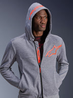 Alpinestars Chrome V2 Sport Hoodie, Motorradbekleidung, Gray Heather und Red Fluo, Mann mit aufgesetzter Kapuze, mit großem orangefarbenem Stern-Logo auf der Brust und Alpinestars-Schriftzug auf der Kapuze, lässiges urbanes Design