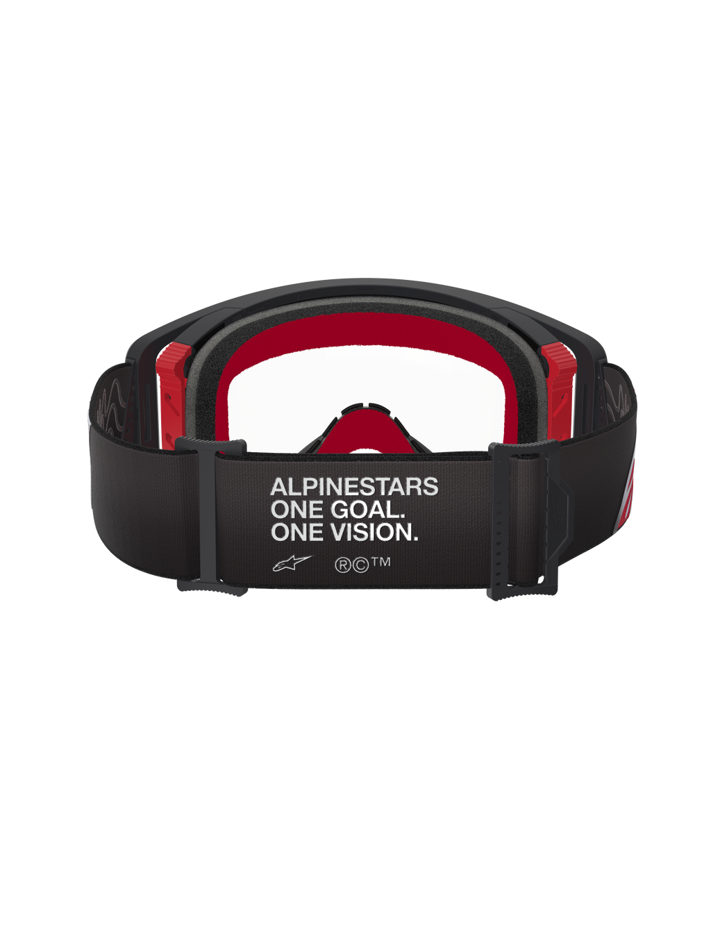 Alpinestars Supertech Corp Goggles, Motocross-Brille, Schwarz und Rot mit klarem Glas, Rückansicht mit breitem schwarzem Band und weißem „ALPINESTARS ONE GOAL. ONE VISION.“-Branding, mehrlagiger Gesichtsschaum und rote Rahmenakzente.