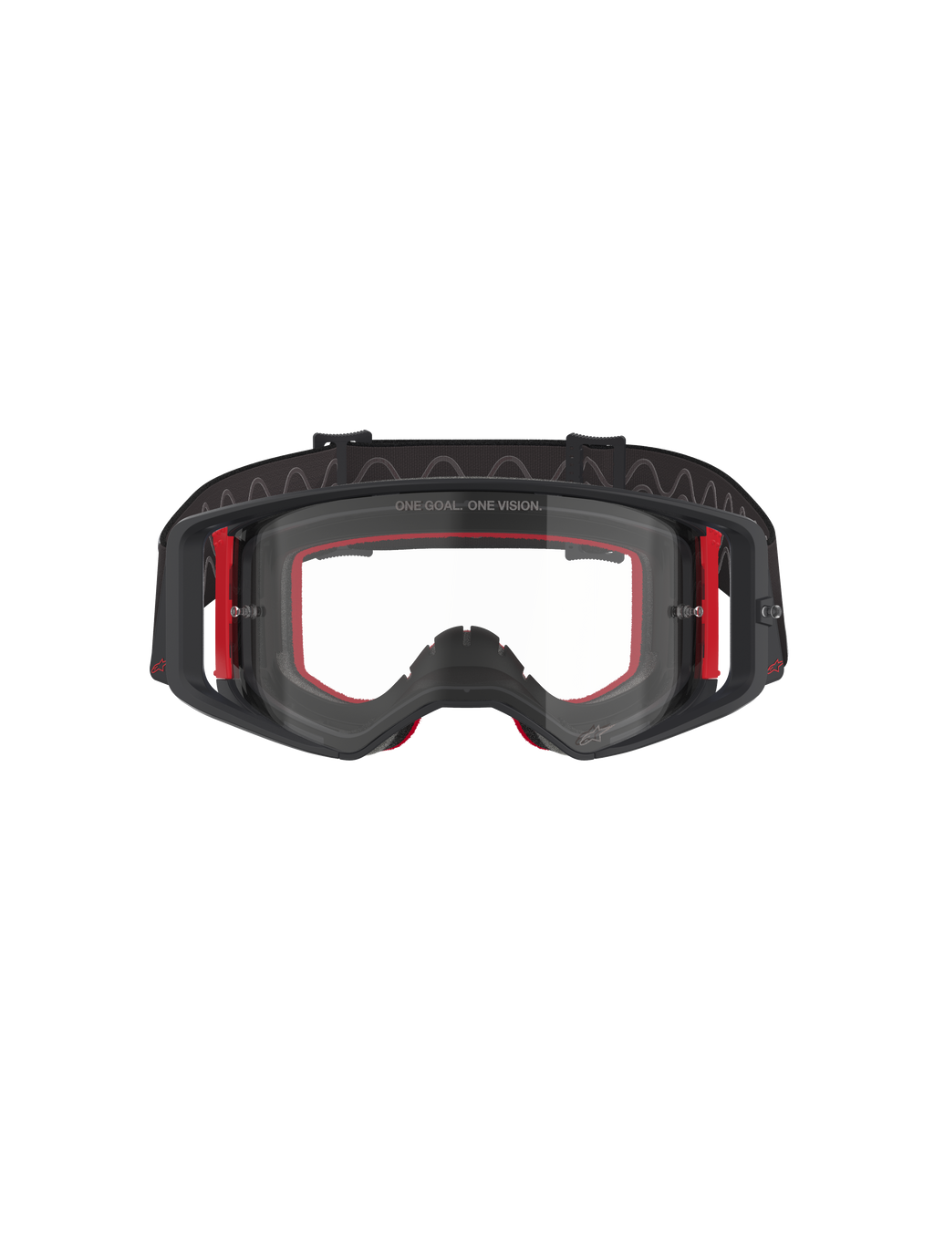 Alpinestars Supertech Corp Goggles, Motocross-Brille, Schwarz, Rot und Klar, Vorderansicht, klares Glas mit „ONE GOAL. ONE VISION.“ Text, schwarzer Rahmen mit roten Akzenten, weites Sichtfeld, strapazierfähiges Band mit wellenförmigem Silikon-Grip