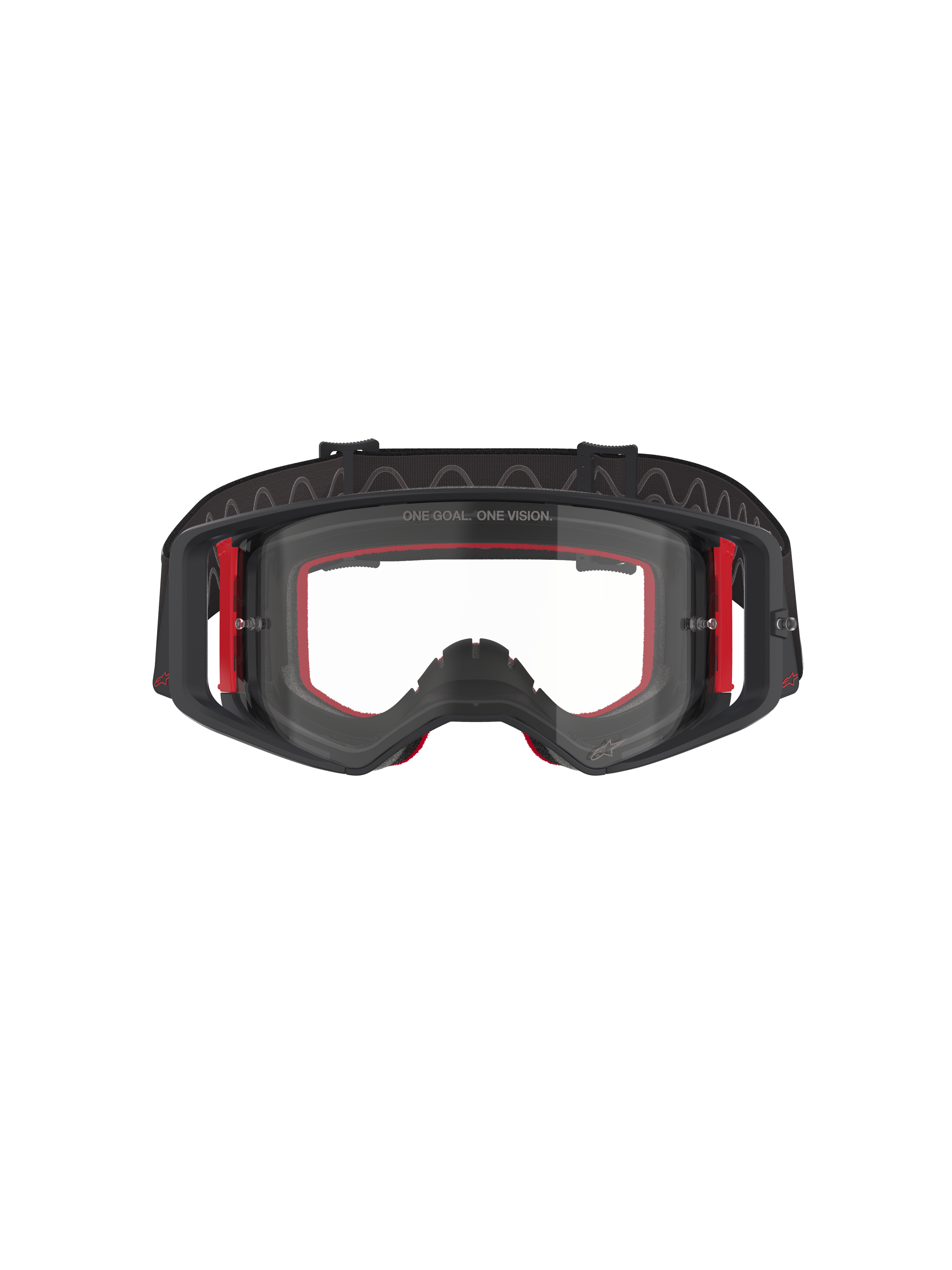 Alpinestars Supertech Corp Goggles, Motocross-Brille, Schwarz, Rot und Klar, Vorderansicht, klares Glas mit „ONE GOAL. ONE VISION.“ Text, schwarzer Rahmen mit roten Akzenten, weites Sichtfeld, strapazierfähiges Band mit wellenförmigem Silikon-Grip