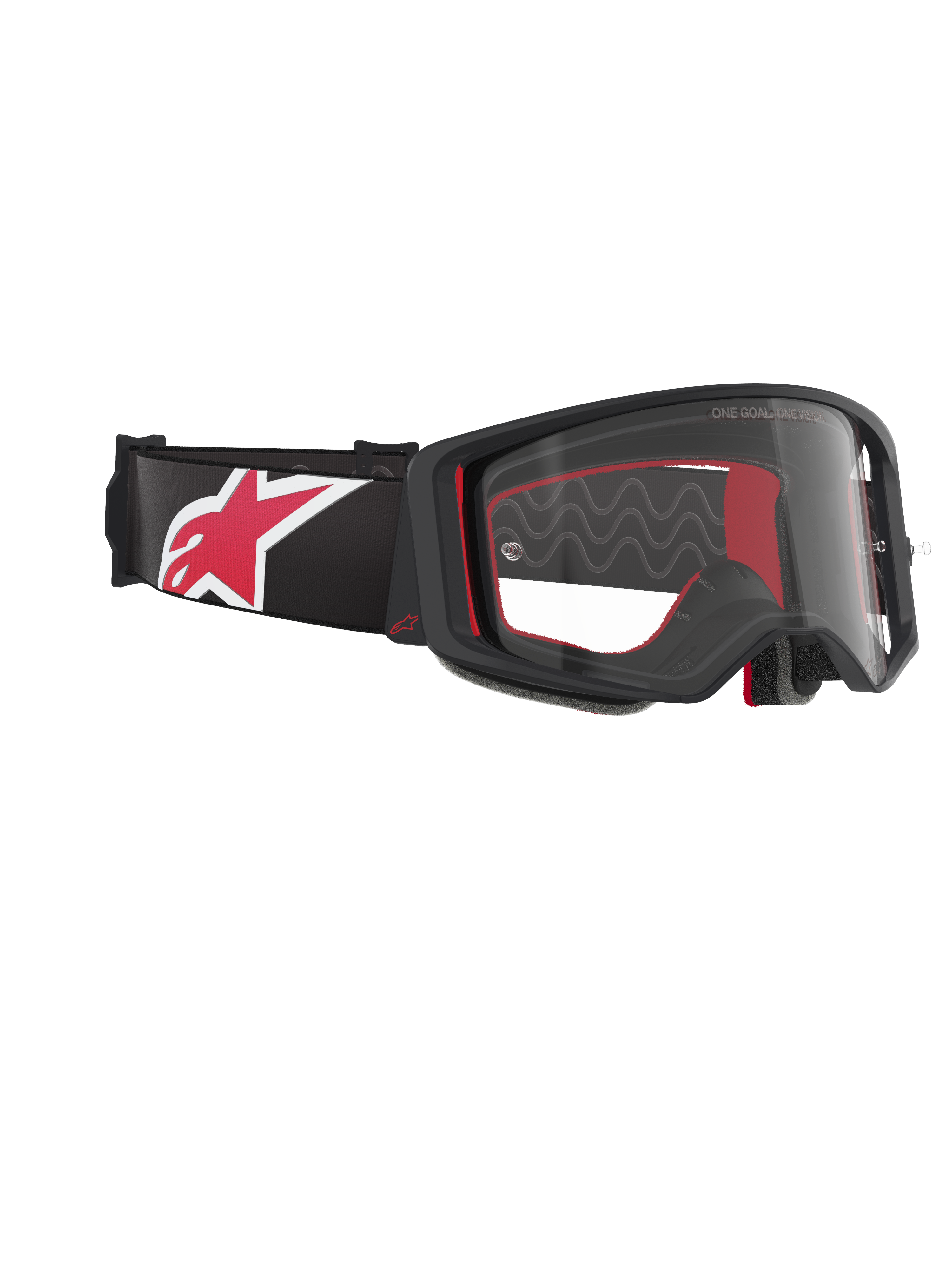 Alpinestars Supertech Corp Goggles, Motocross-Brille, Schwarz, Rot und Klar, schräge Seitenansicht mit klarem Glas und schwarzem Rahmen, rote Innenpolsterung, schwarzes Brillenband mit großem rot-weißem Alpinestars-Logo, professioneller Offroad-Augenschutz