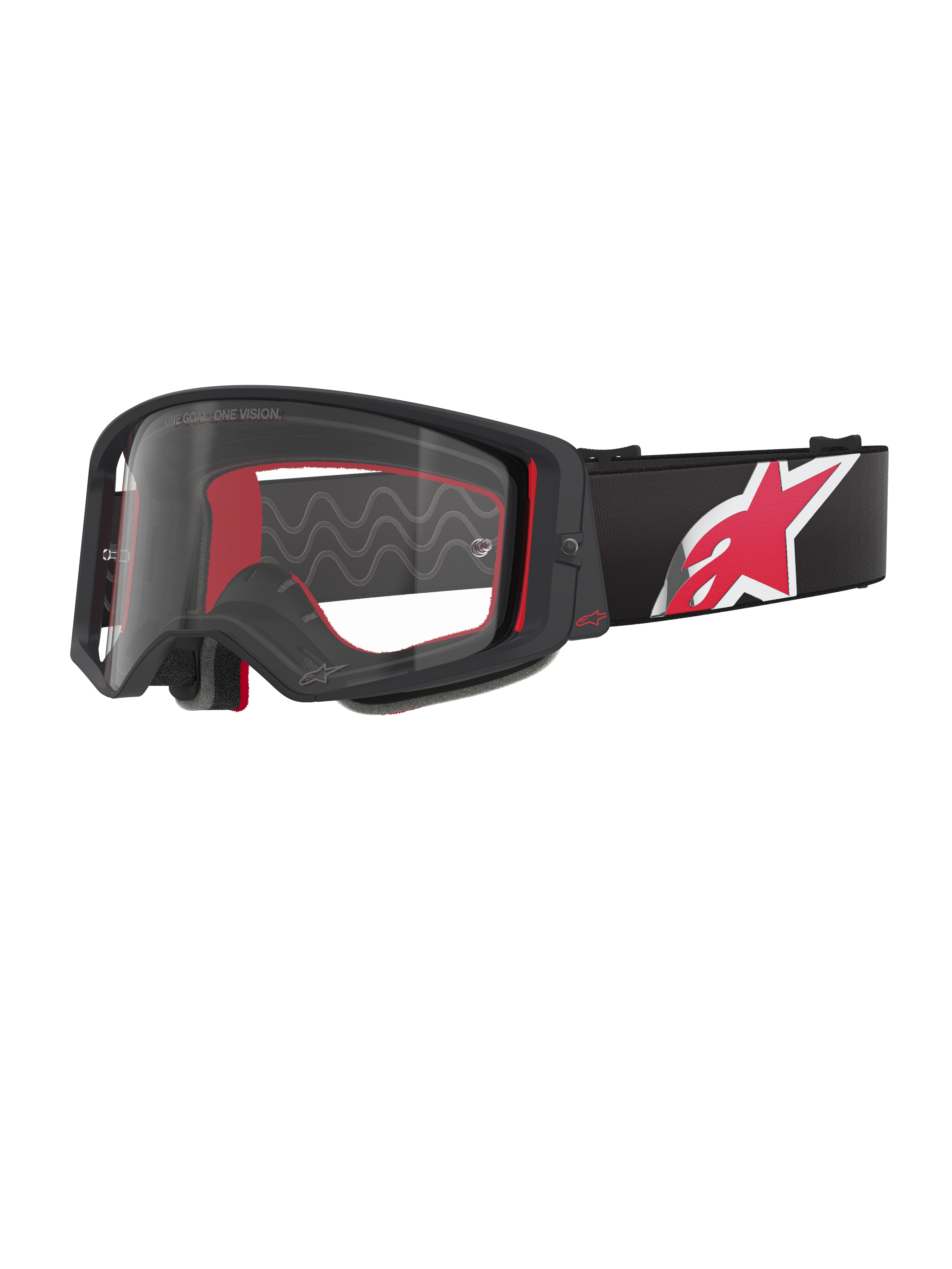 Alpinestars Supertech Corp Goggles, Black and Red frame with Clear Lens, black adjustable strap featuring a large red and white star logo, professional motocross eyewear designed for off-road racing