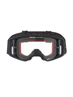 Alpinestars Supertech Corp Goggles, Motocross Goggles, Black frame with Clear lens, featuring red internal face foam, 'ONE GOAL. ONE VISION.' text on the upper lens, and black silicone-backed strap, professional off-road racing eyewear