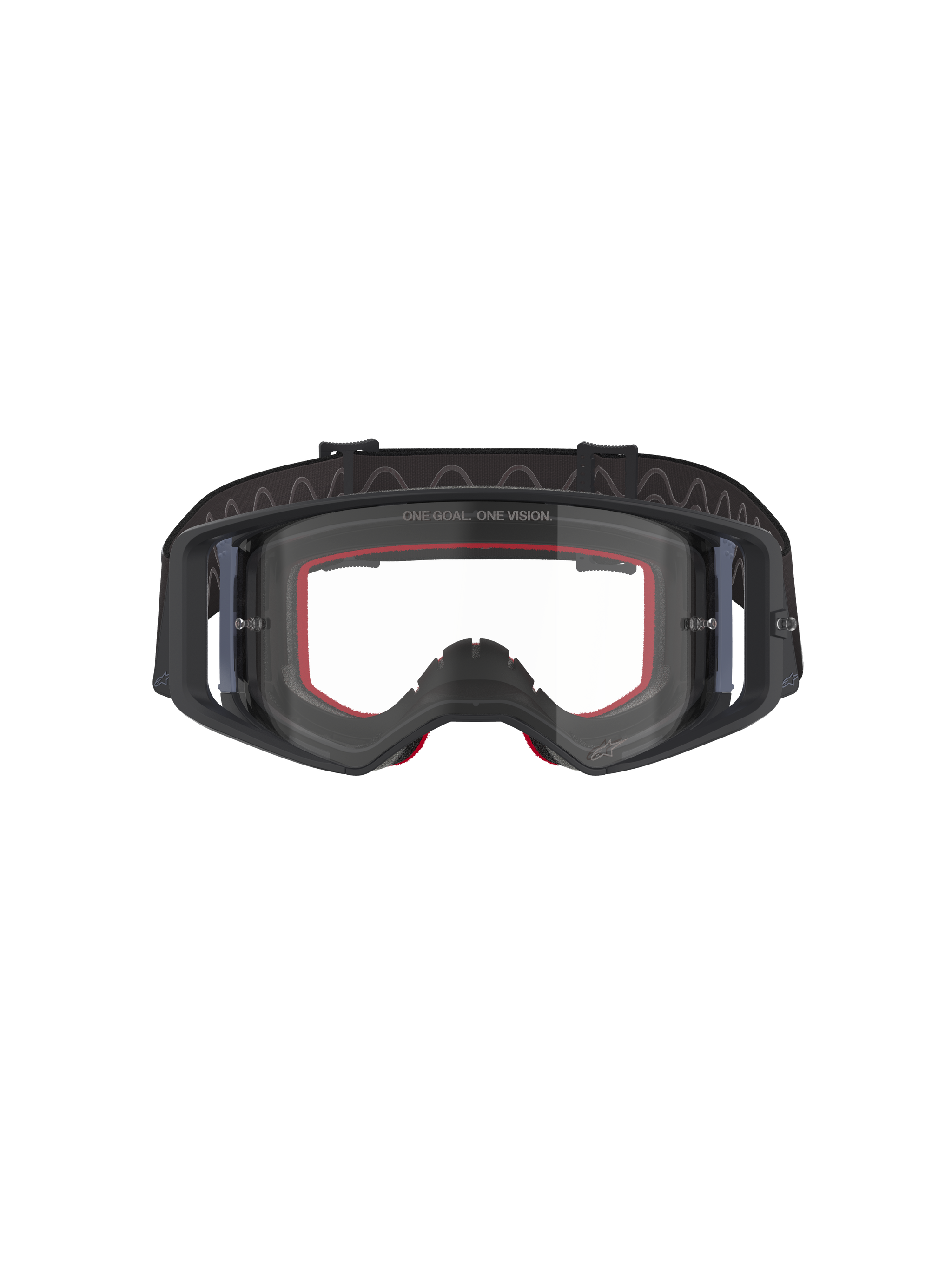 Alpinestars Supertech Corp Goggles, Motocross-Brille, Schwarz und Grau mit klarem Glas, Frontansicht mit rotem Innenschaum und breitem schwarzem verstellbarem Band, Hochleistungs-Offroad-Brille