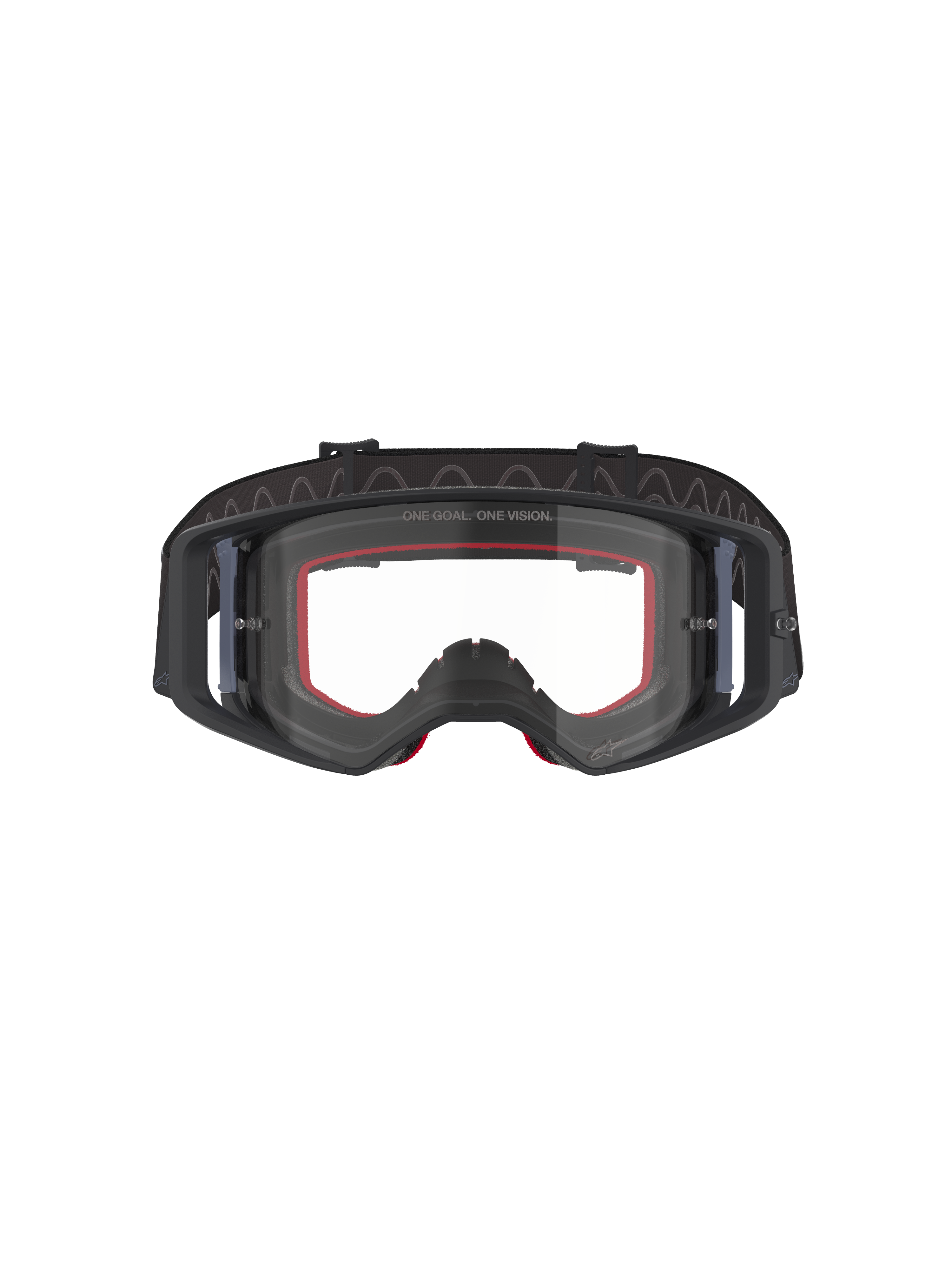 Alpinestars Supertech Corp Goggles, Motocross Goggles, Black and Grey with Clear Lens, front view featuring red interior foam and wide black adjustable strap, high-performance off-road eyewear