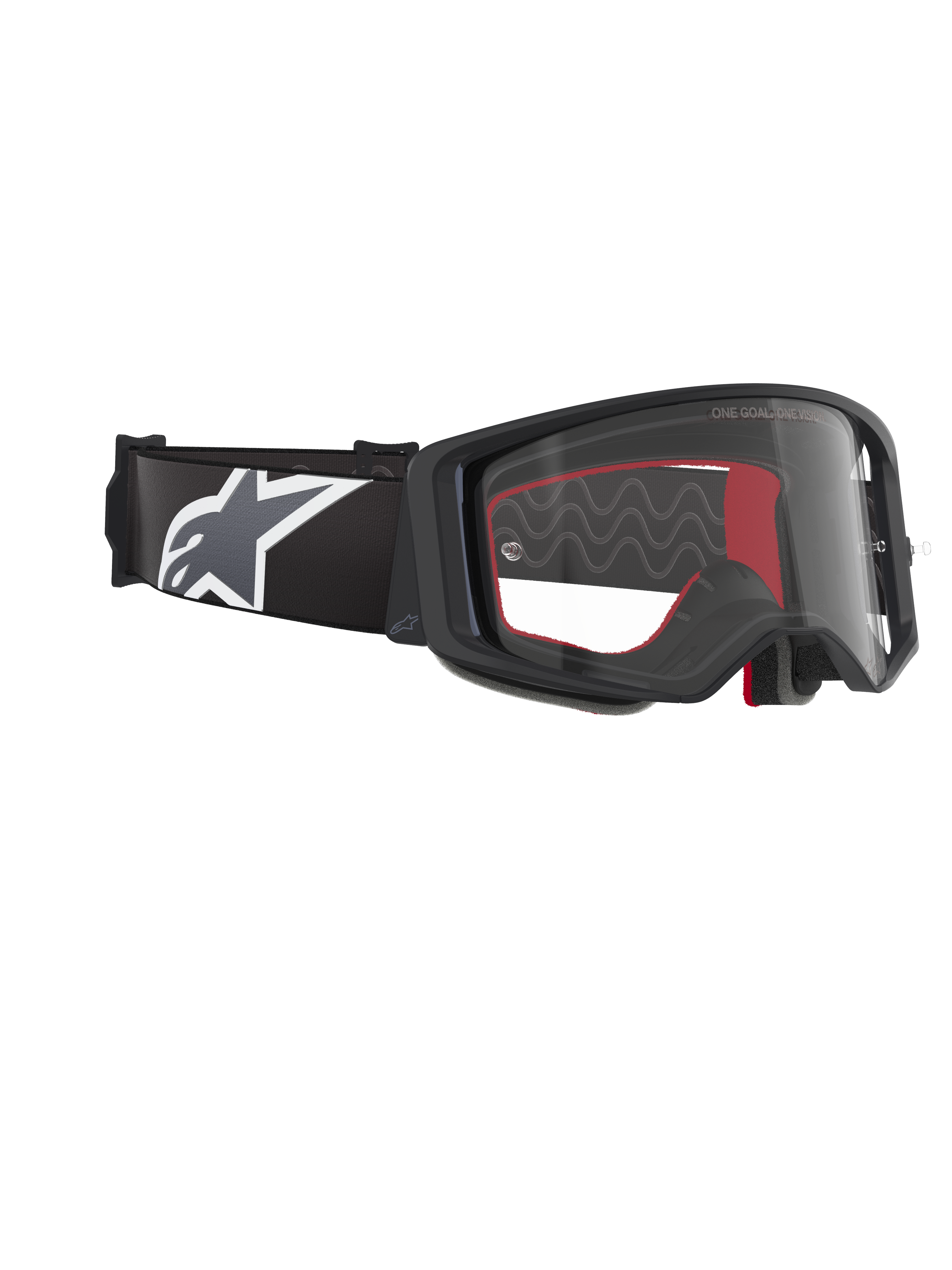 Alpinestars Supertech Corp Goggles, Motocross Goggles, Black Grey Clear, featuring a clear polycarbonate lens, wide black strap with a grey and white Astars logo, 3D molded face foam, high-performance protective eyewear for off-road racing