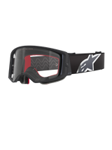 Alpinestars Supertech Corp Goggles, Motocross-Brille, Schwarz, Grau und Klar, klare Polycarbonatscheibe mit schwarzem Rahmen, roter Innenschaumstoff, breites verstellbares Band mit großem weiß-grauen Astars-Logo, schützende Offroad-Brille