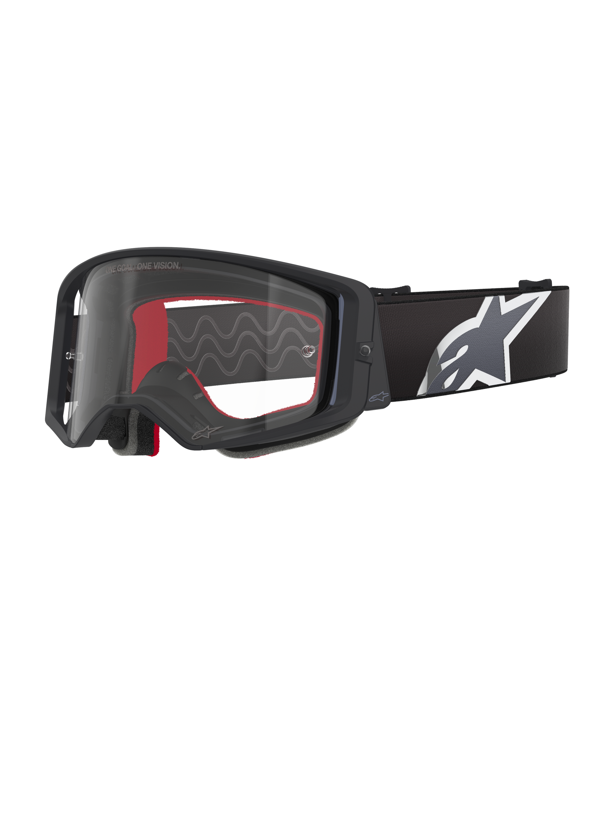 Alpinestars Supertech Corp Goggles, Motocross-Brille, Schwarz, Grau und Klar, klare Polycarbonatscheibe mit schwarzem Rahmen, roter Innenschaumstoff, breites verstellbares Band mit großem weiß-grauen Astars-Logo, schützende Offroad-Brille