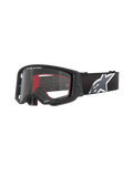 Alpinestars Supertech Corp Goggles, Motocross Goggles, Black with Red Interior, Clear Lens, Black Strap with Large White Star Logo, "ONE GOAL. ONE VISION." Branding, Performance Off-Road Eyewear