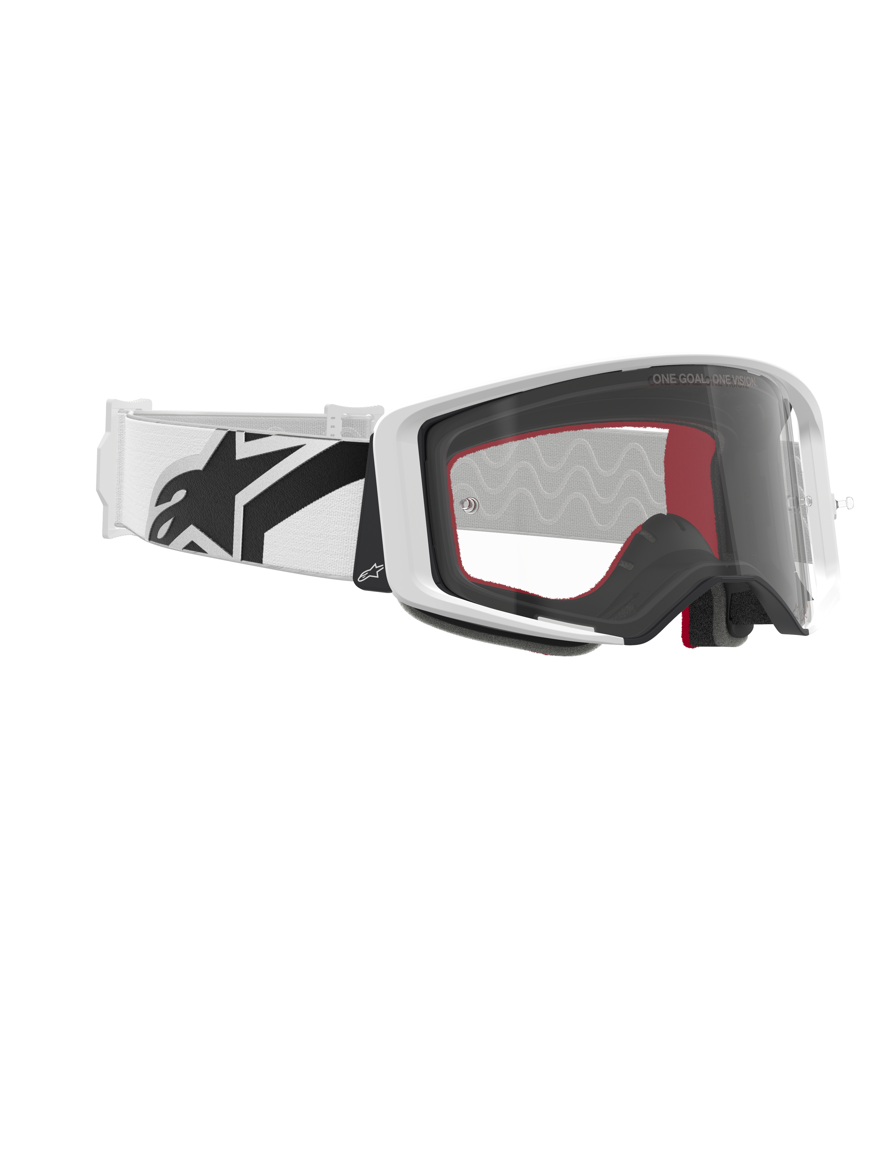 Alpinestars Supertech Corp Goggles, Motocross Goggles, White and Clear, white strap with large black Alpinestars logo, clear injection-molded lens, white double-injected frame, performance eyewear for off-road racing