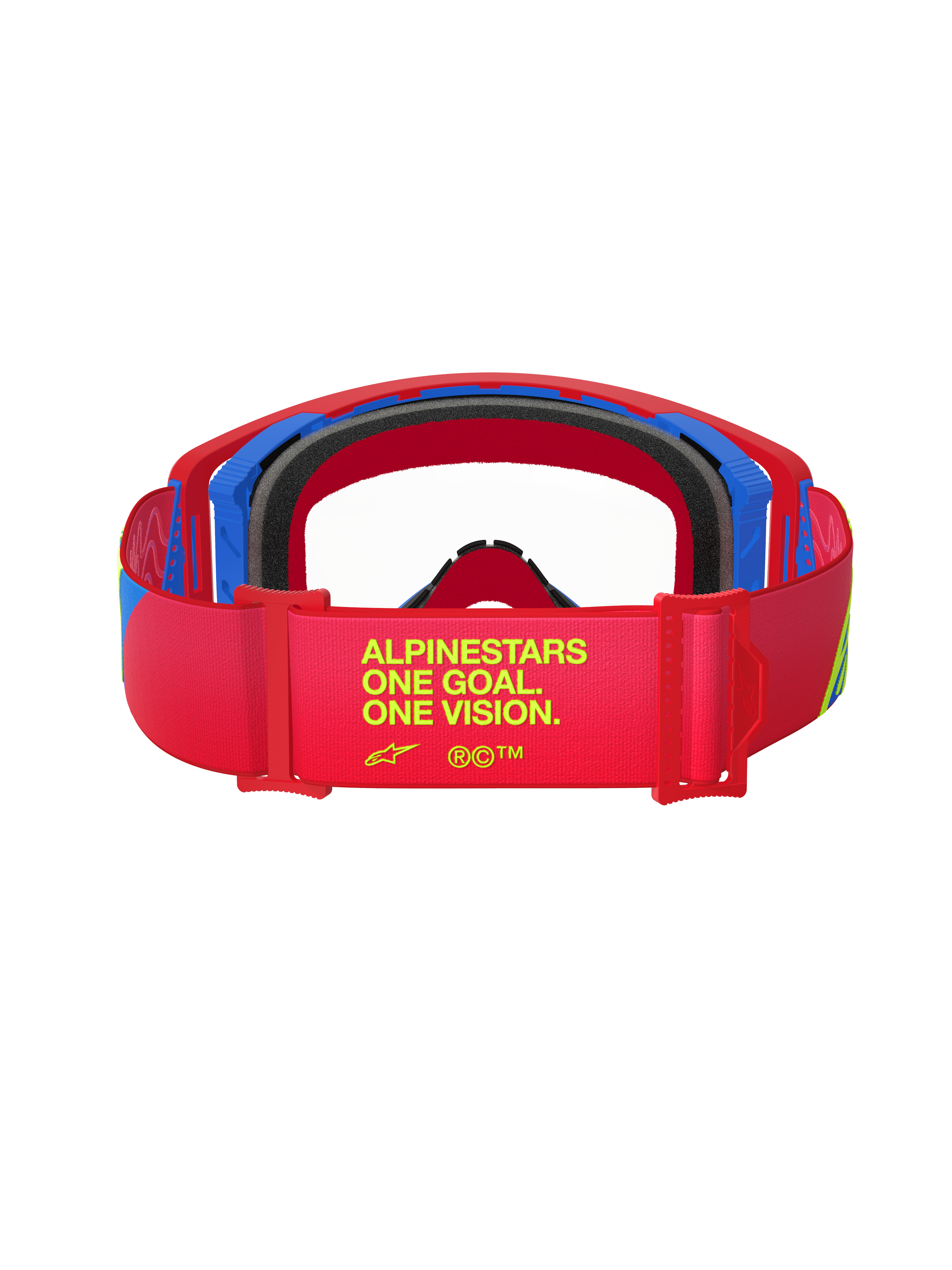Alpinestars Supertech Corp Brille, Rot und Blau, Rückansicht mit Brillenband und gelbem Text „ALPINESTARS ONE GOAL. ONE VISION.“, schwarzer Gesichtsschaum, Offroad-Motocross-Schutzbrille