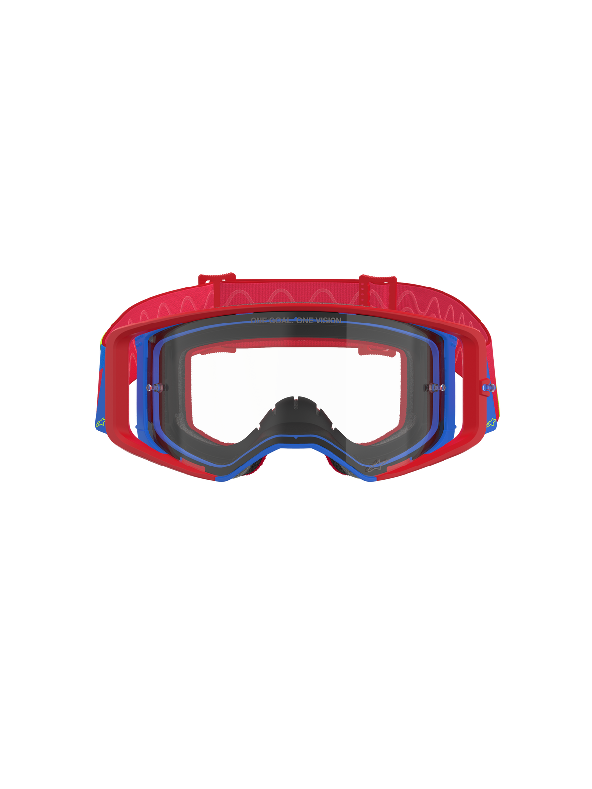 Alpinestars Supertech Corp Goggles, Motocross-Brille, Rot und Blau mit klarer Scheibe, roter Außenrahmen und blauer Innenrahmen, rotes Band mit wellenförmigem Silikonmuster, Performance-Brille für den Offroad-Rennsport